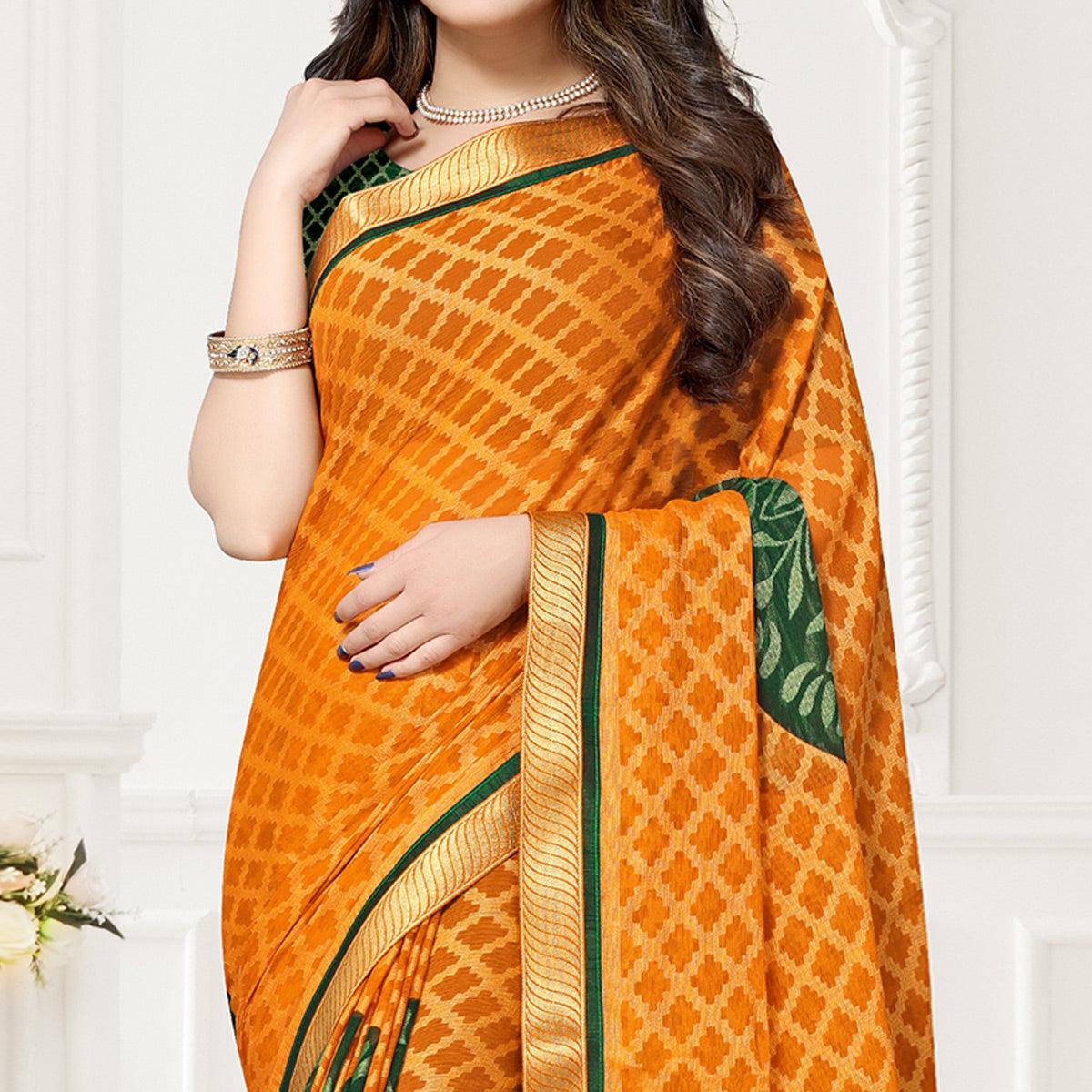 Yellow & Green Festive Wear Checks Printed Chiffon Brasso Saree - Peachmode