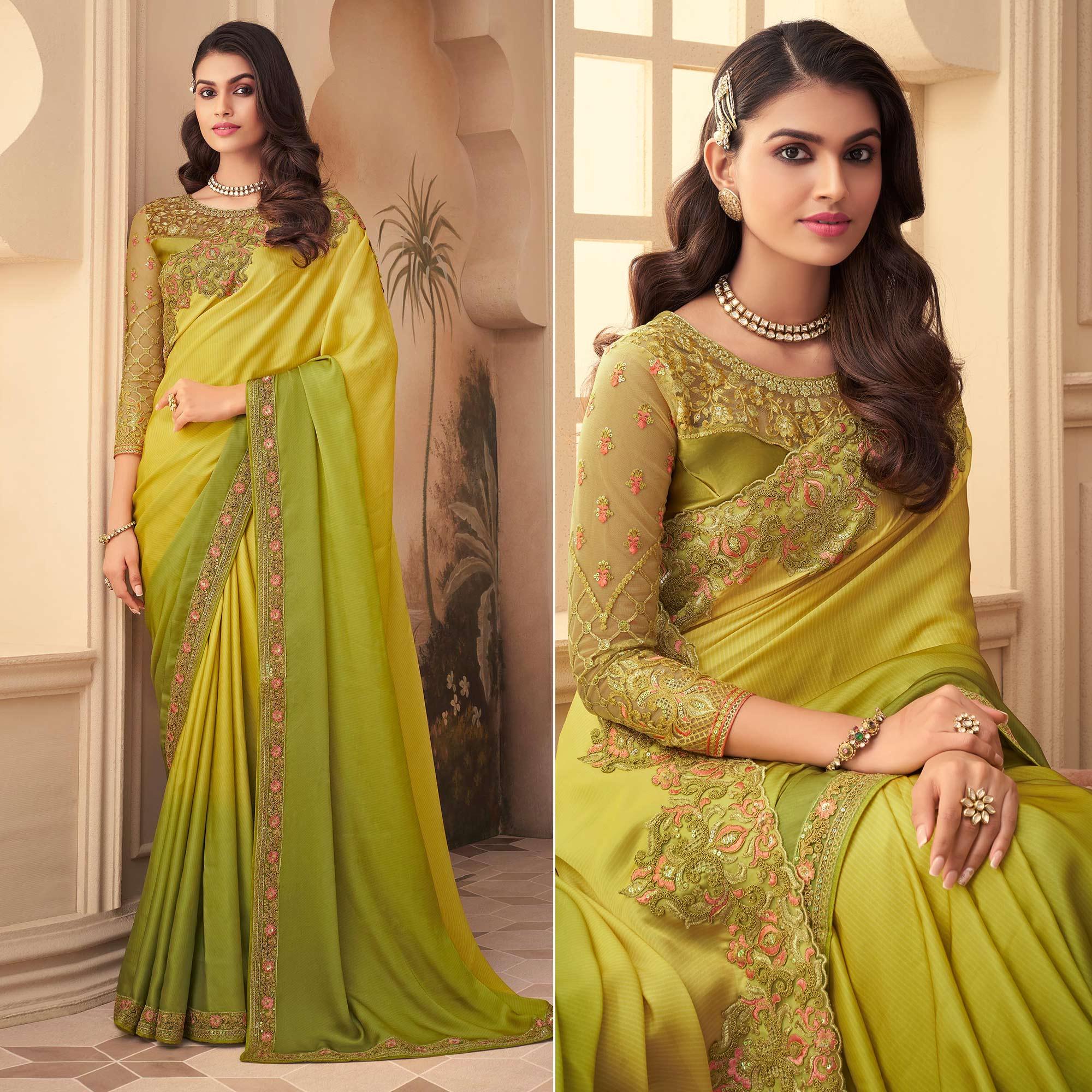 Yellow & Green Floral Sequence Embroidered Art Silk Saree - Peachmode