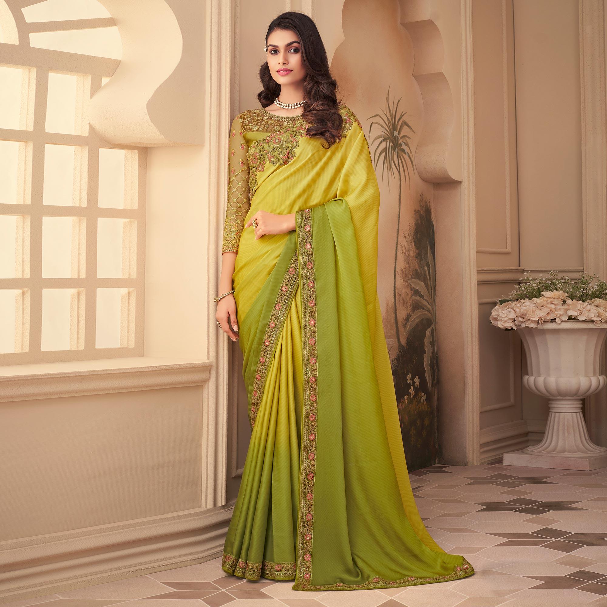 Yellow & Green Floral Sequence Embroidered Art Silk Saree - Peachmode