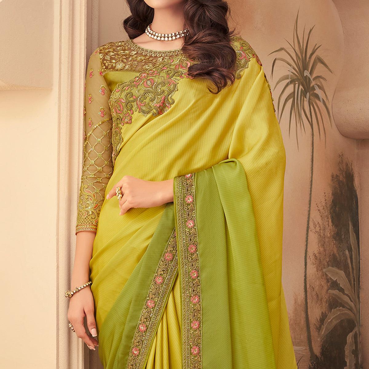 Yellow & Green Floral Sequence Embroidered Art Silk Saree - Peachmode