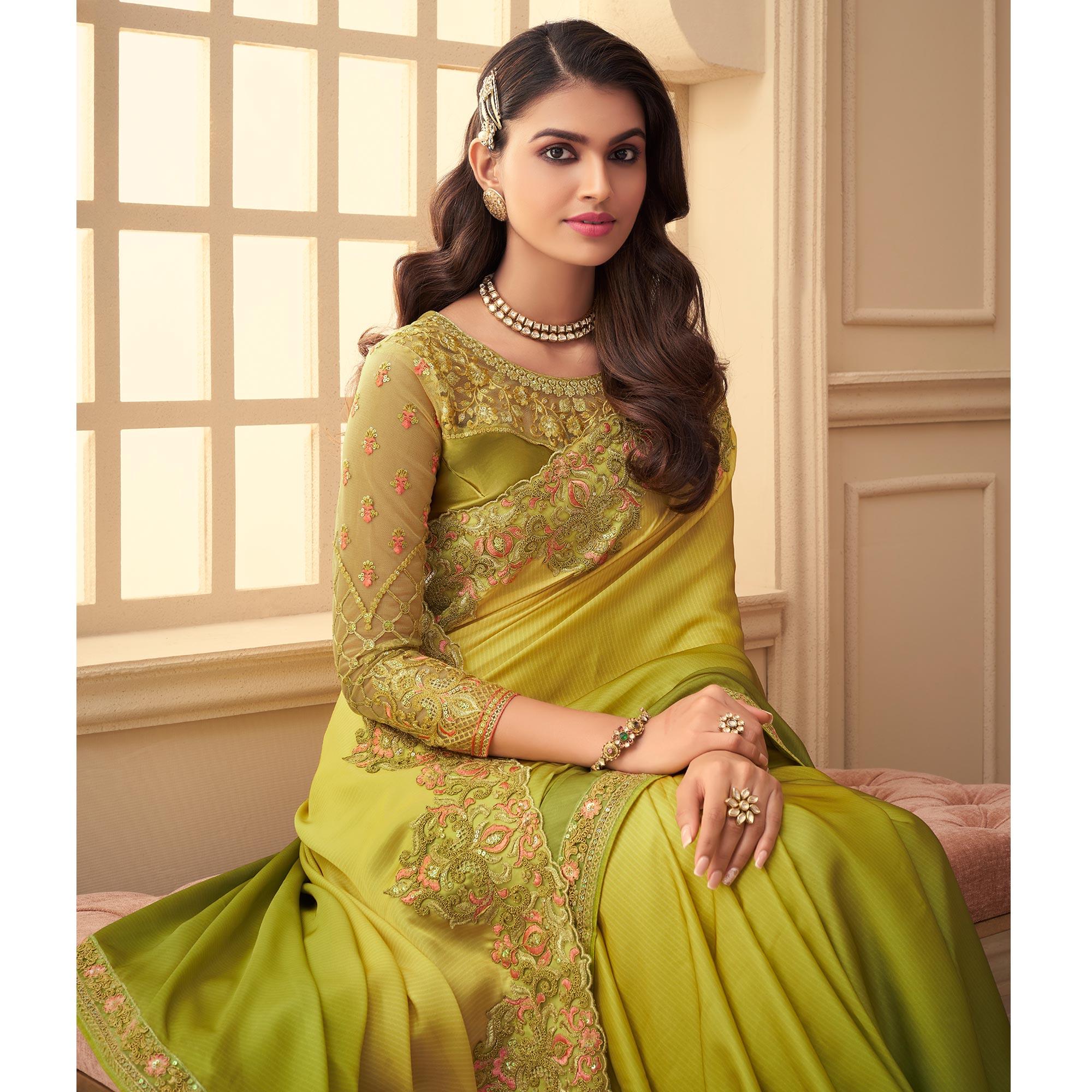 Yellow & Green Floral Sequence Embroidered Art Silk Saree - Peachmode