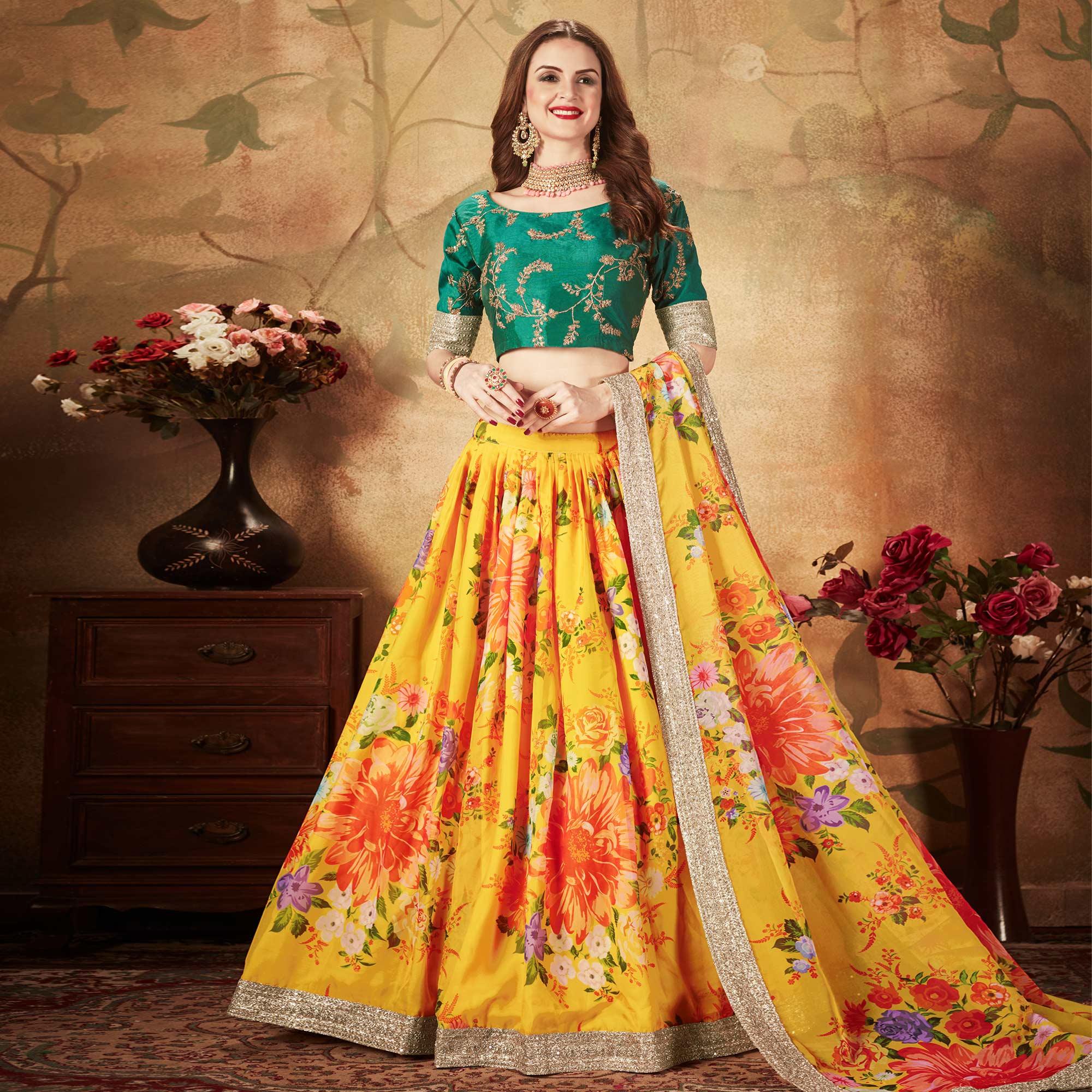 Yellow & Green Partywear Floral Print With Sequins Embroidery Organza Lehenga Choli - Peachmode