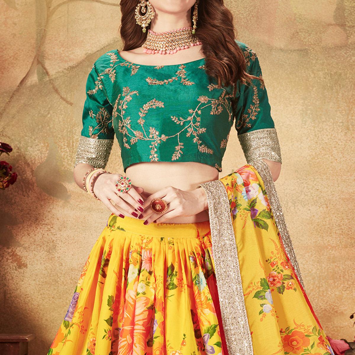 Yellow & Green Partywear Floral Print With Sequins Embroidery Organza Lehenga Choli - Peachmode