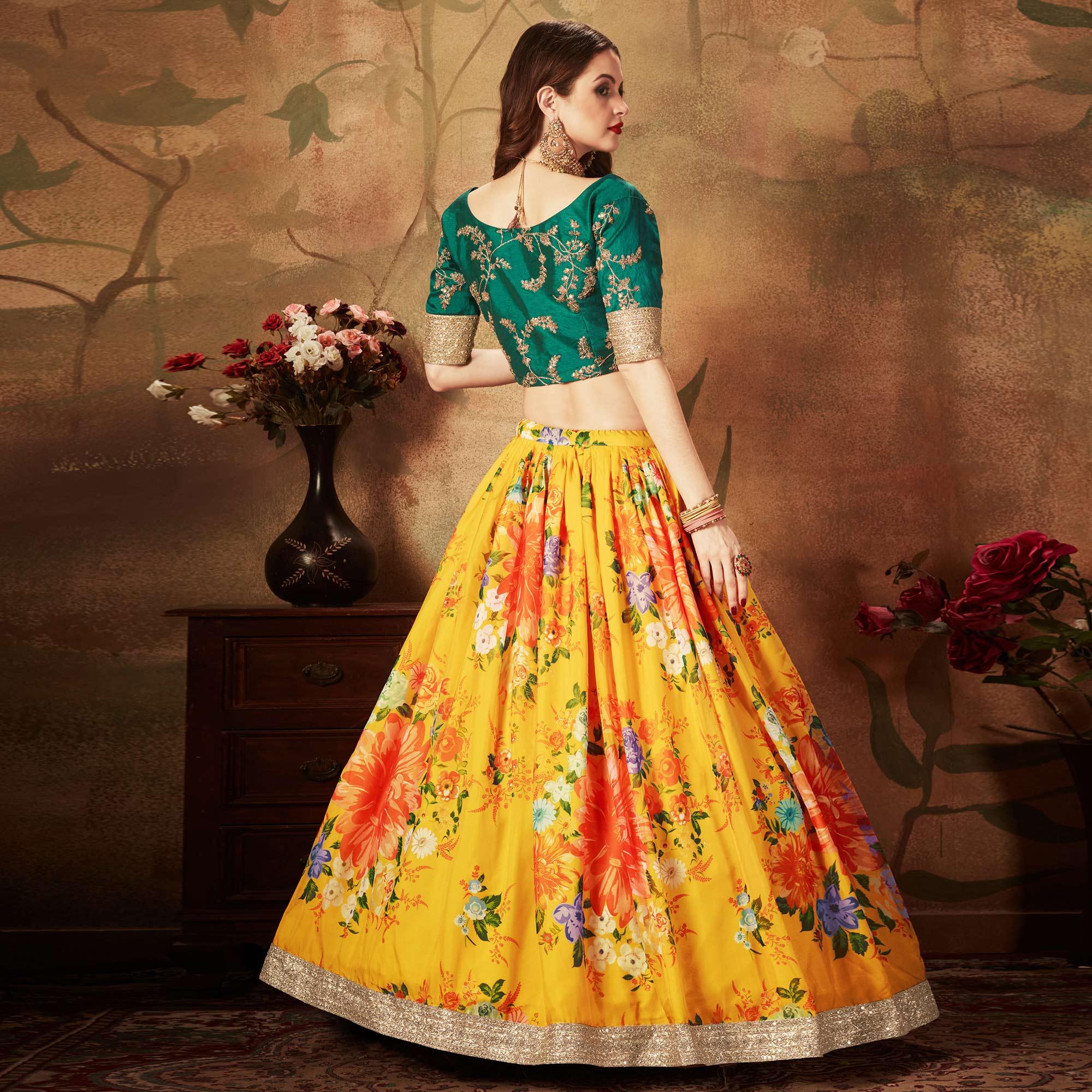 Yellow & Green Partywear Floral Print With Sequins Embroidery Organza Lehenga Choli - Peachmode