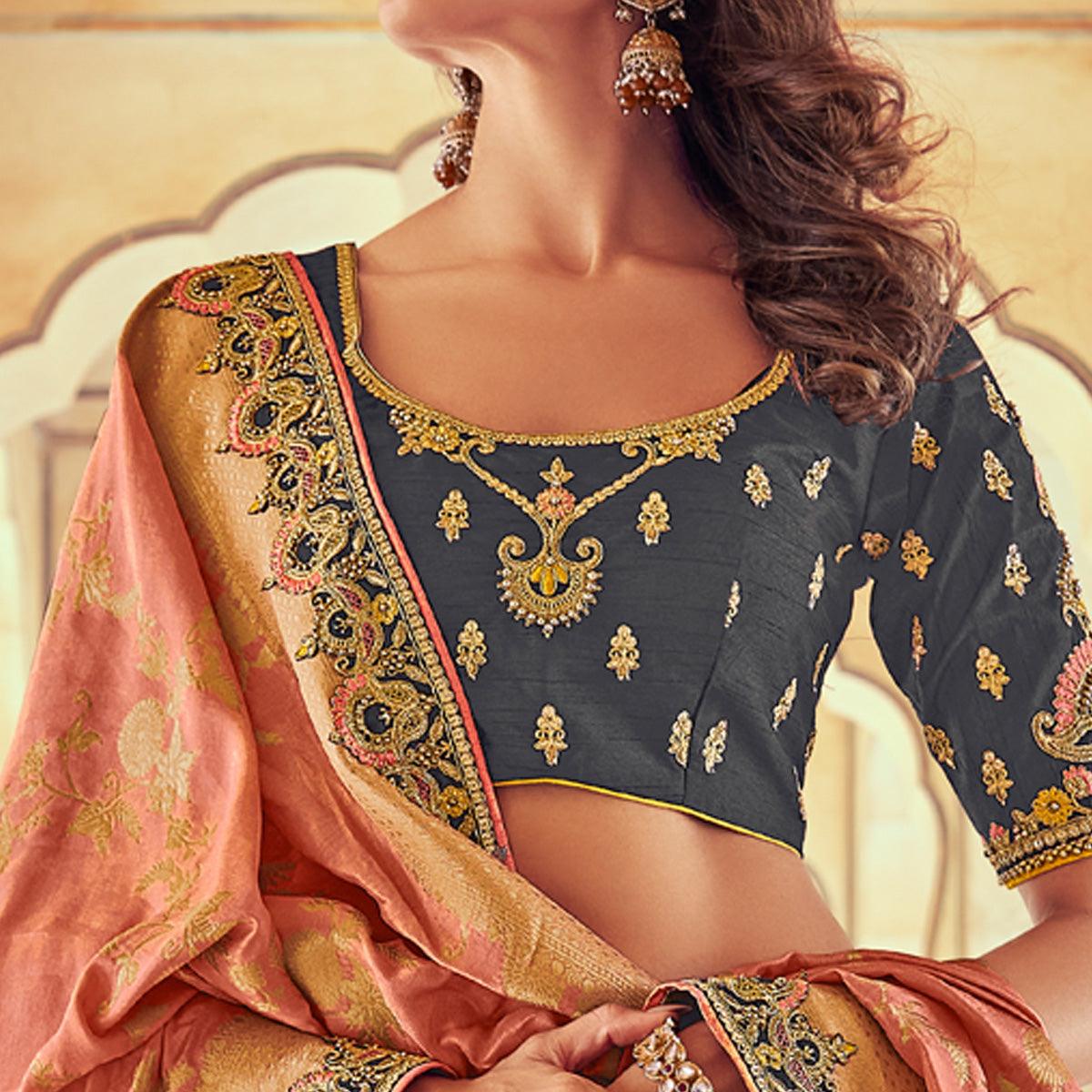 Yellow & Grey Wedding Wear Woven & Embroidered Silk Lehenga Choli - Peachmode