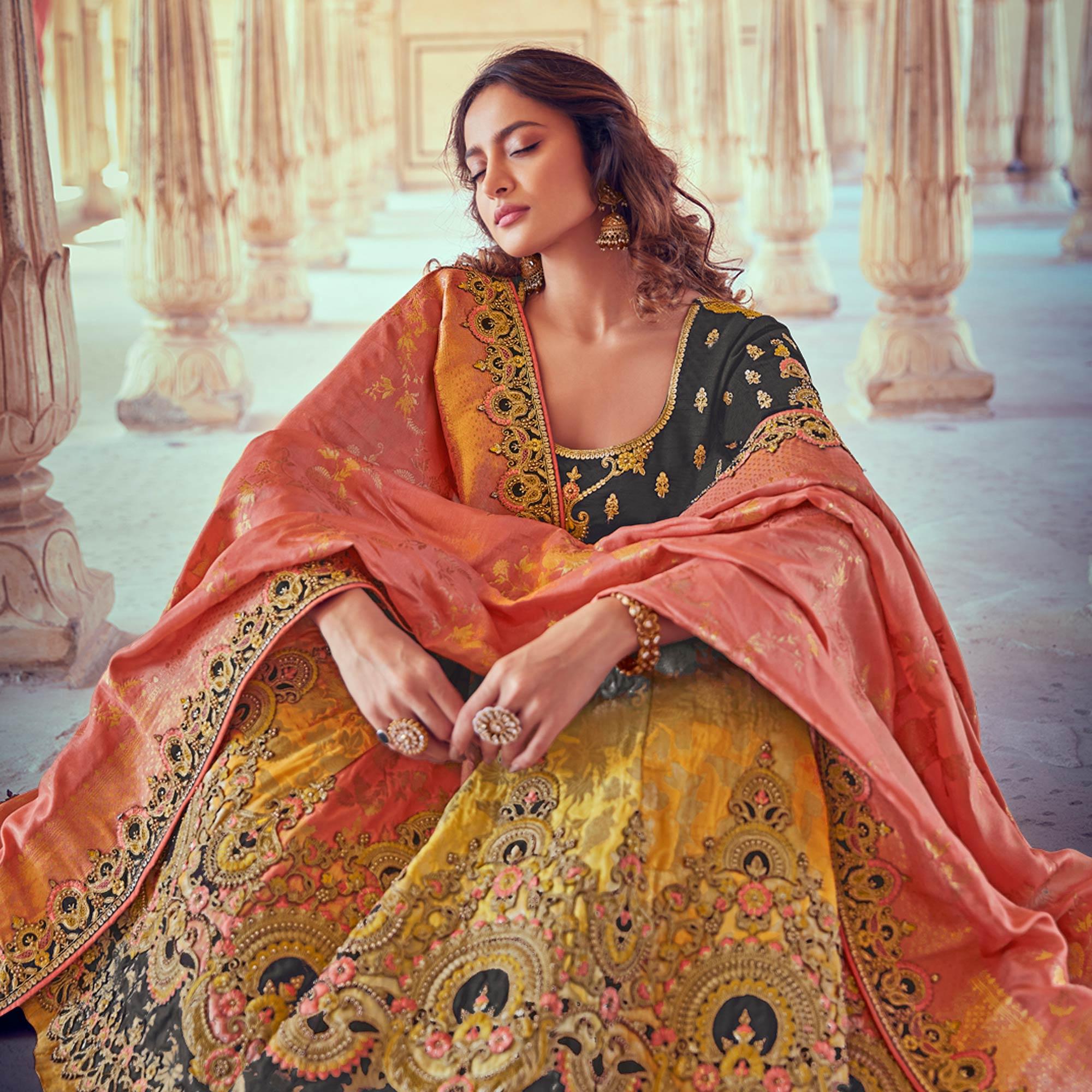 Yellow & Grey Wedding Wear Woven & Embroidered Silk Lehenga Choli - Peachmode