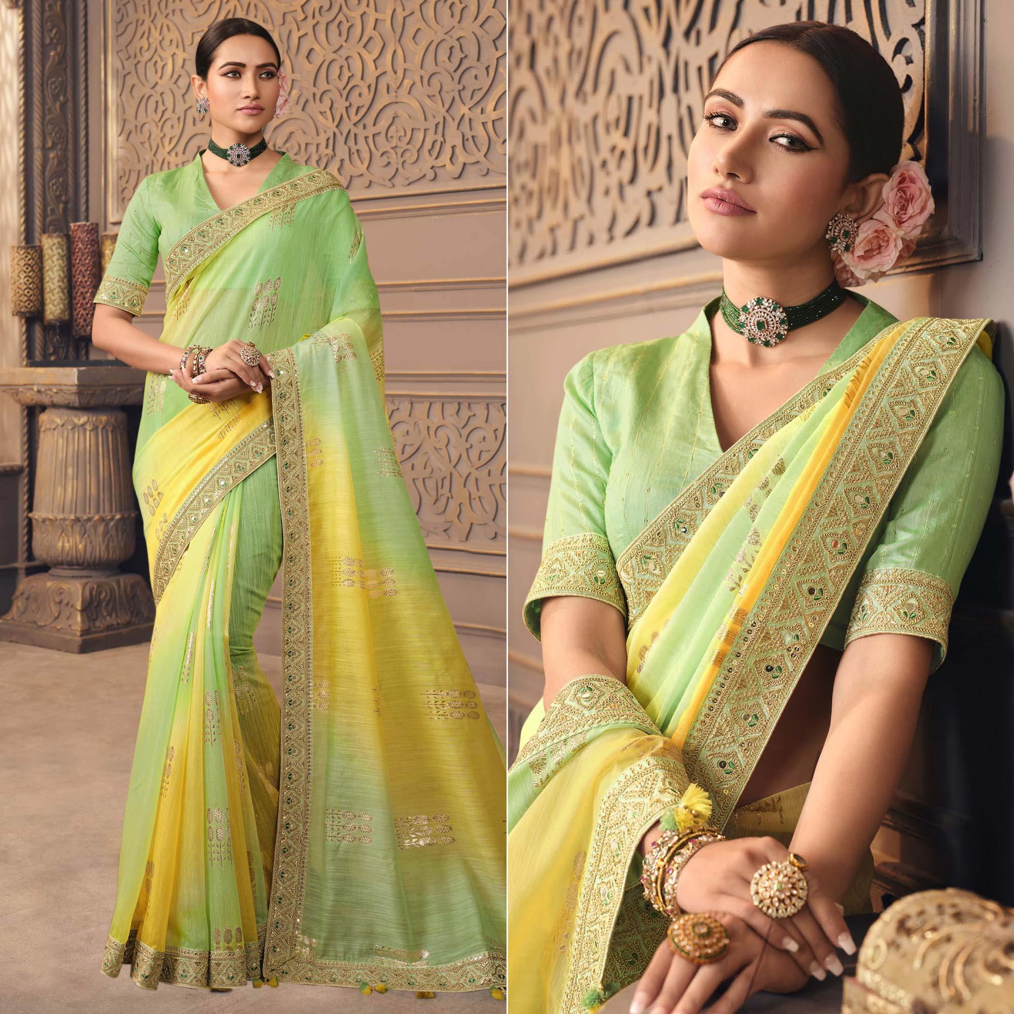 Yellow & Mint Green Woven With Fancy Border Organza Saree - Peachmode