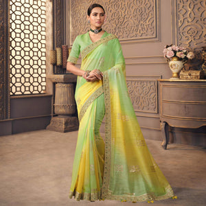 Yellow & Mint Green Woven With Fancy Border Organza Saree - Peachmode