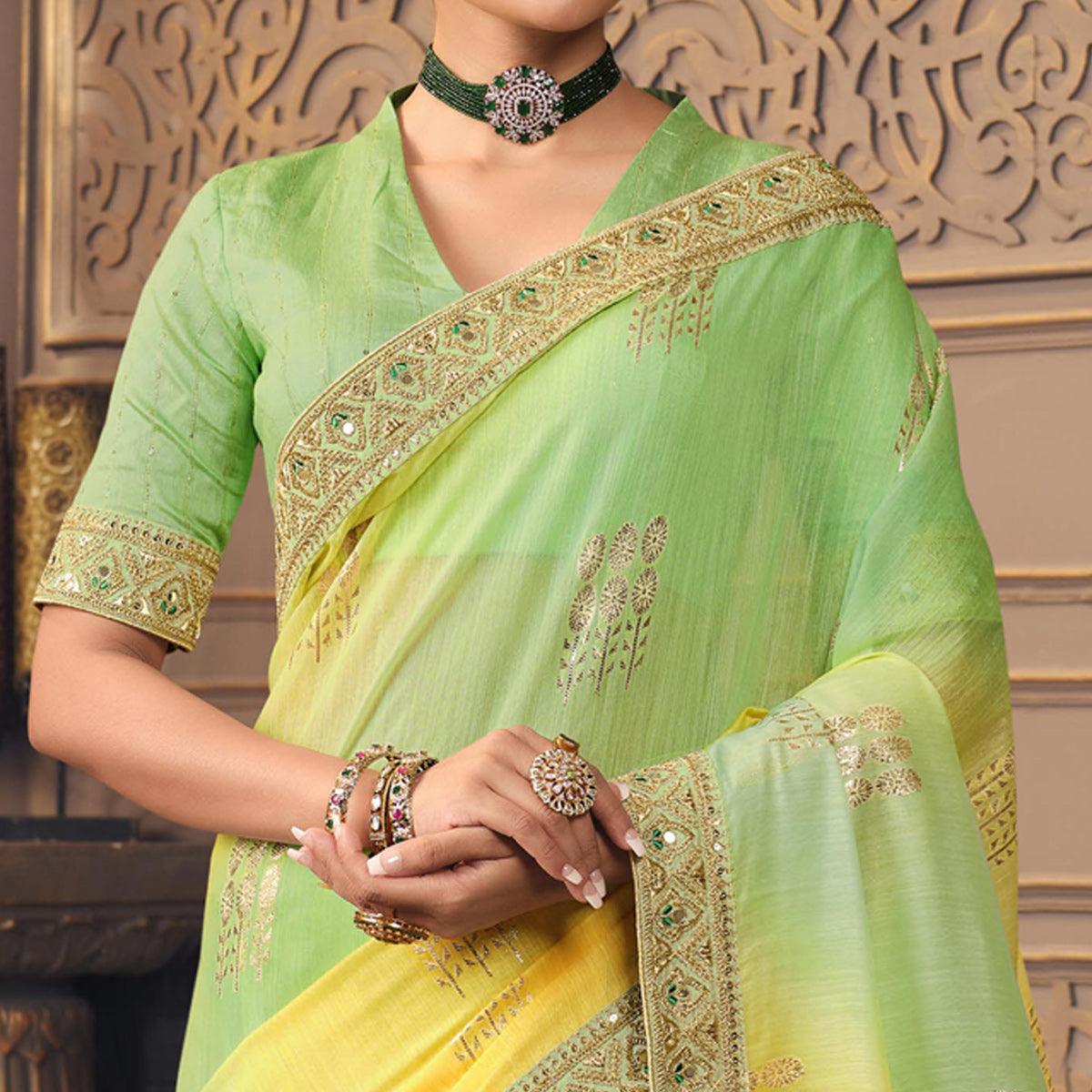 Yellow & Mint Green Woven With Fancy Border Organza Saree - Peachmode