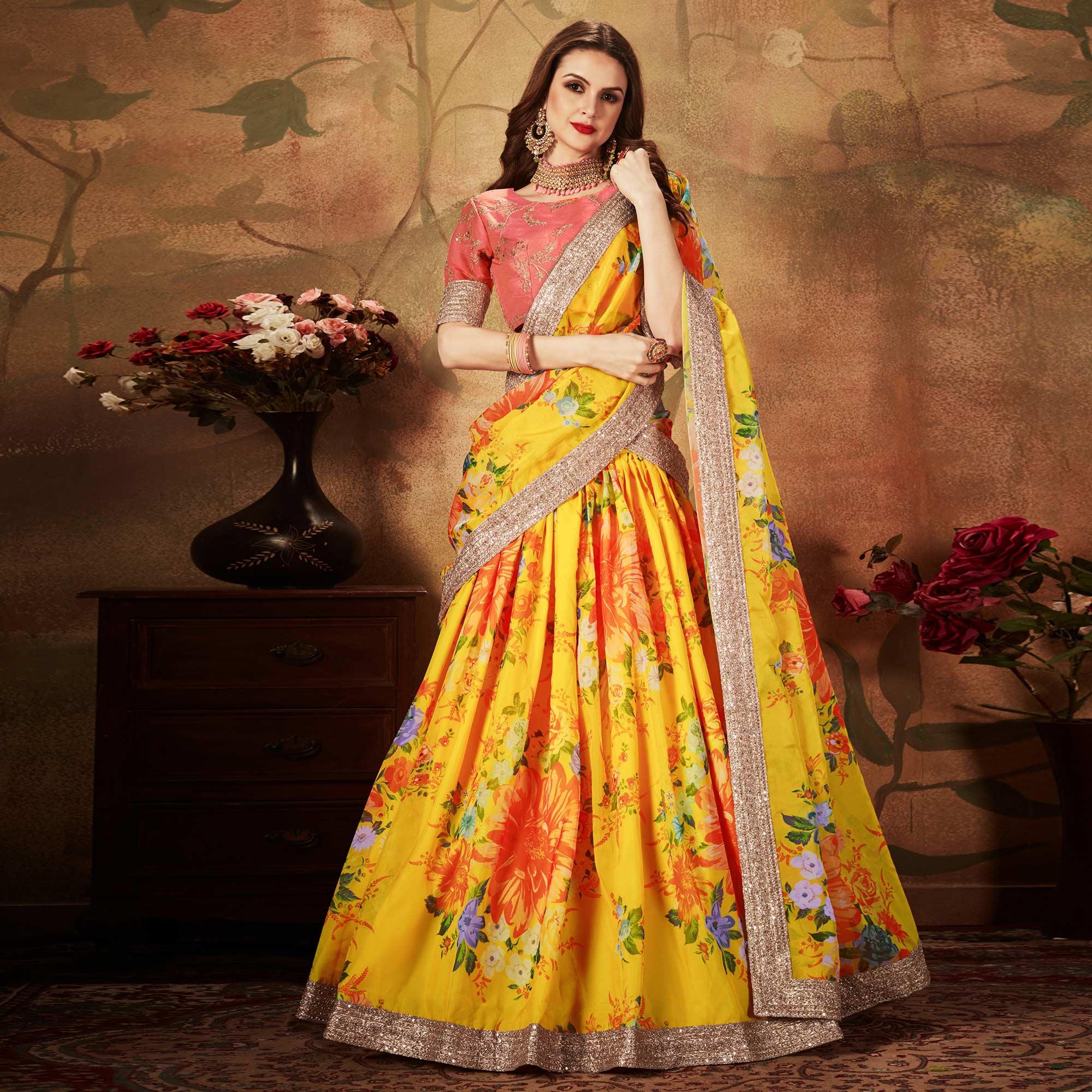 Yellow & Orange Partywear Floral Print With Sequins Embroidery Organza Lehenga Choli - Peachmode