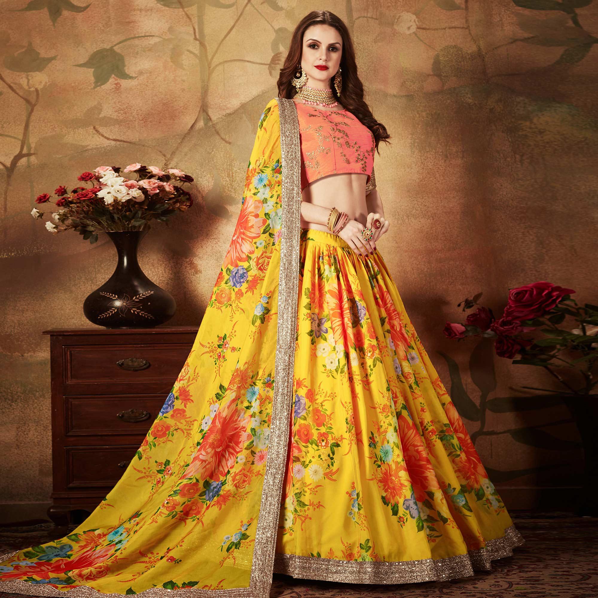 Yellow & Orange Partywear Floral Print With Sequins Embroidery Organza Lehenga Choli - Peachmode