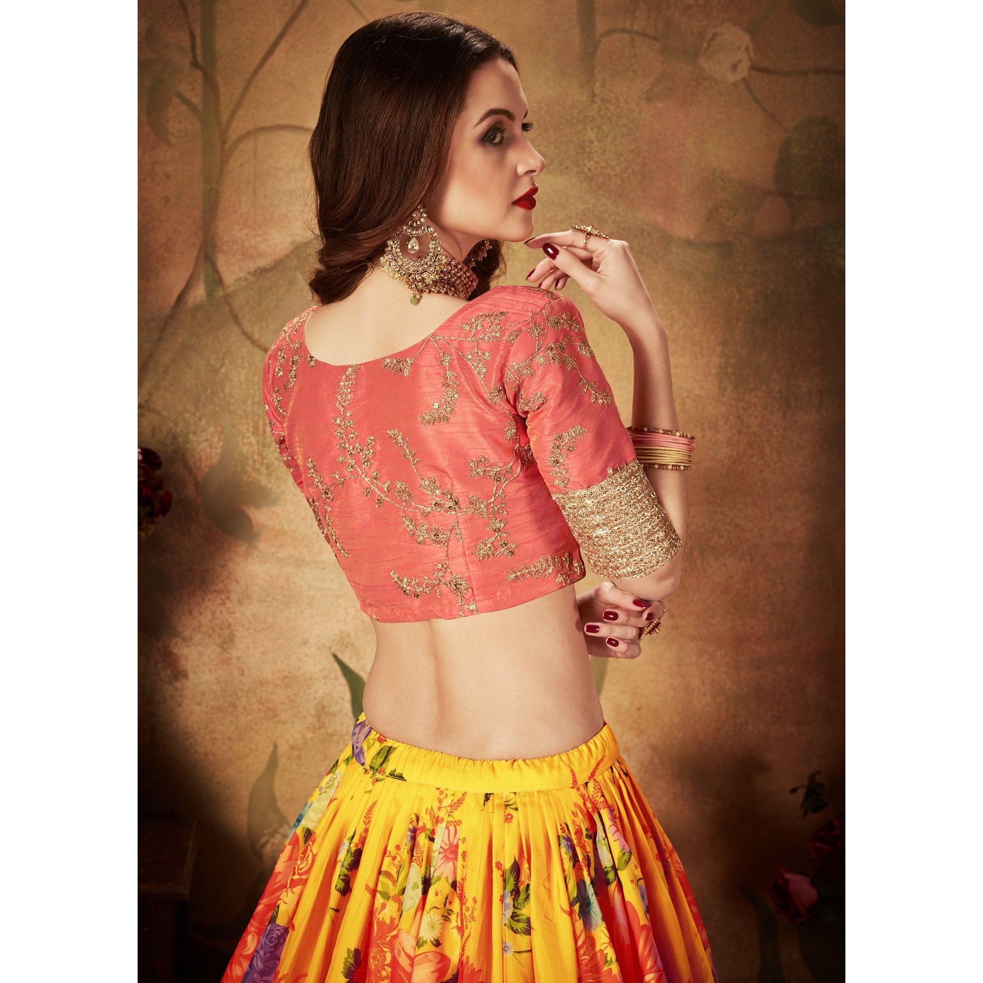 Yellow & Orange Partywear Floral Print With Sequins Embroidery Organza Lehenga Choli - Peachmode