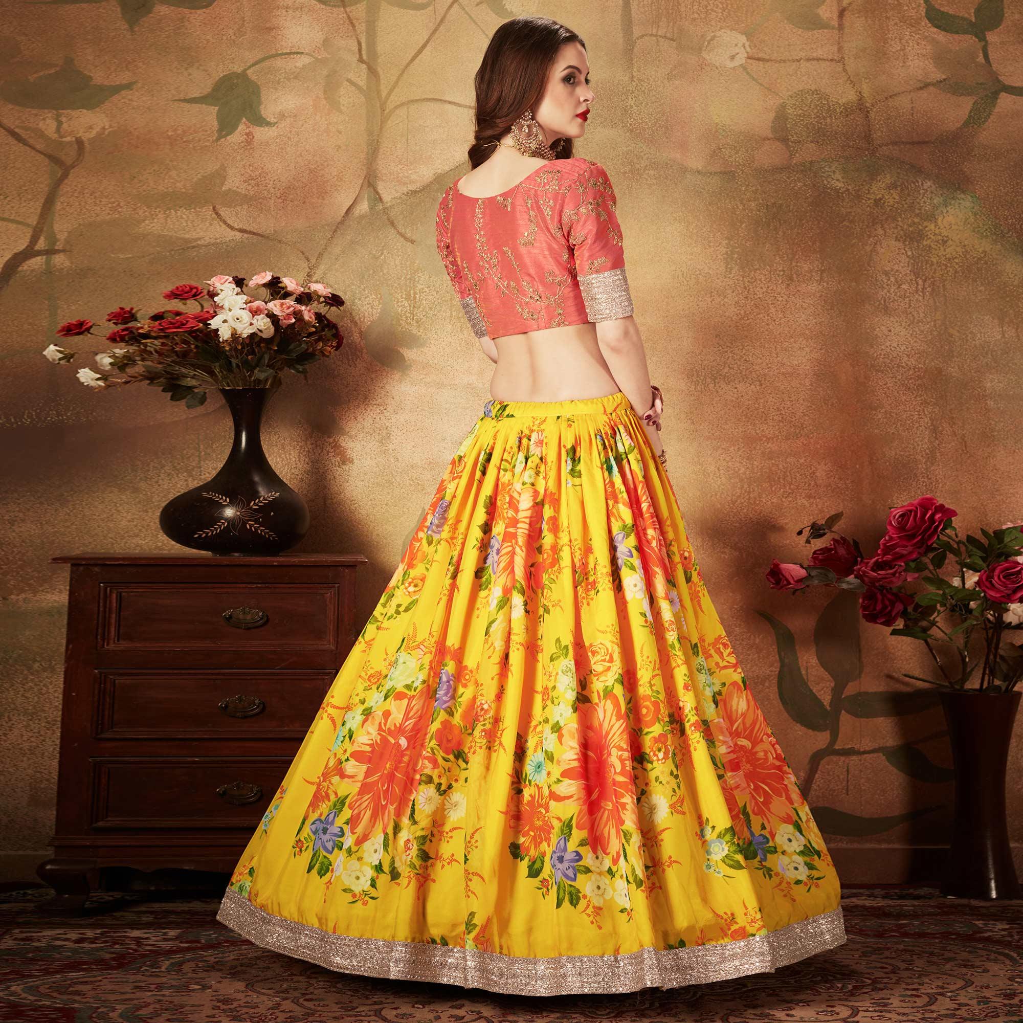 Yellow & Orange Partywear Floral Print With Sequins Embroidery Organza Lehenga Choli - Peachmode