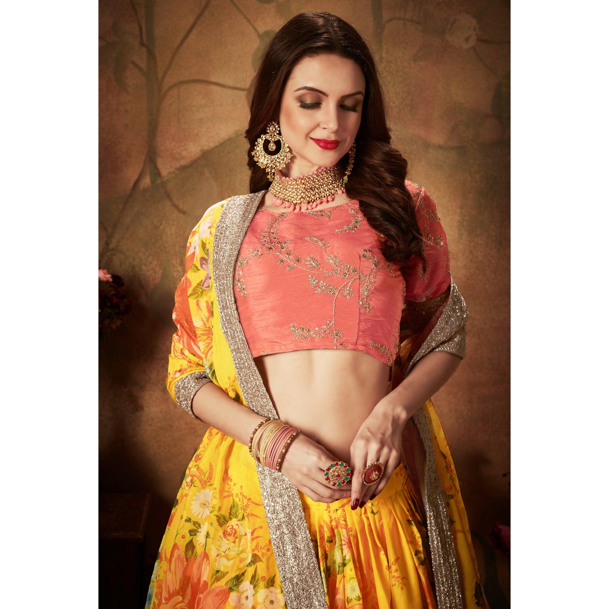 Yellow & Orange Partywear Floral Print With Sequins Embroidery Organza Lehenga Choli - Peachmode