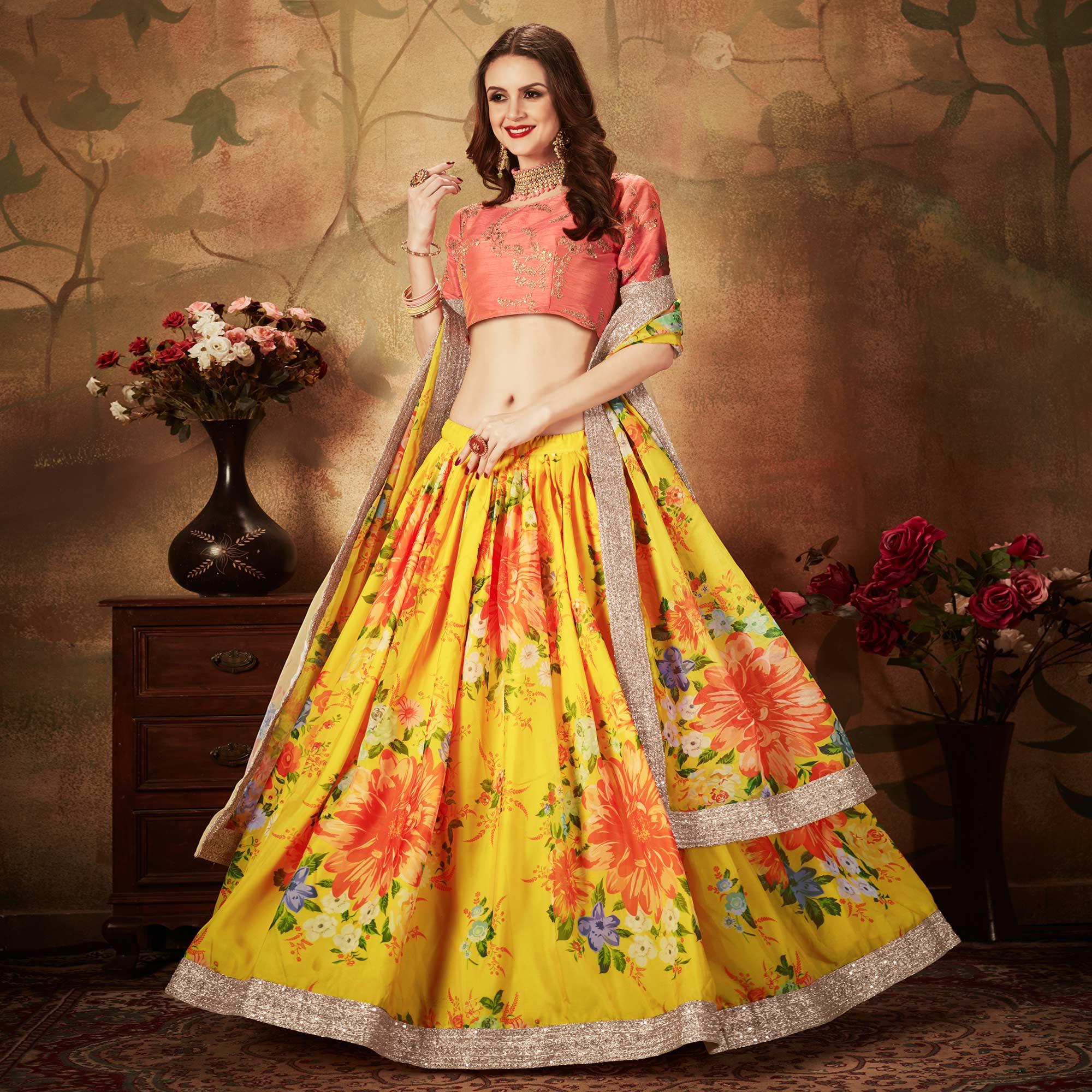 Yellow & Orange Partywear Floral Print With Sequins Embroidery Organza Lehenga Choli - Peachmode