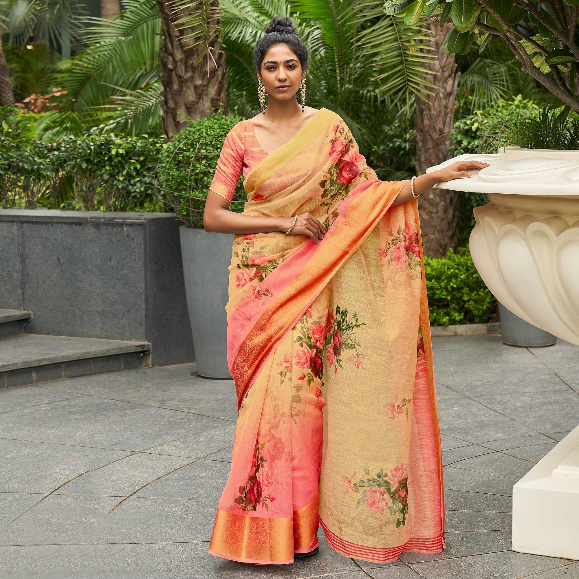 yellow and pink casual wear digital printed soft organza saree peachmode 1