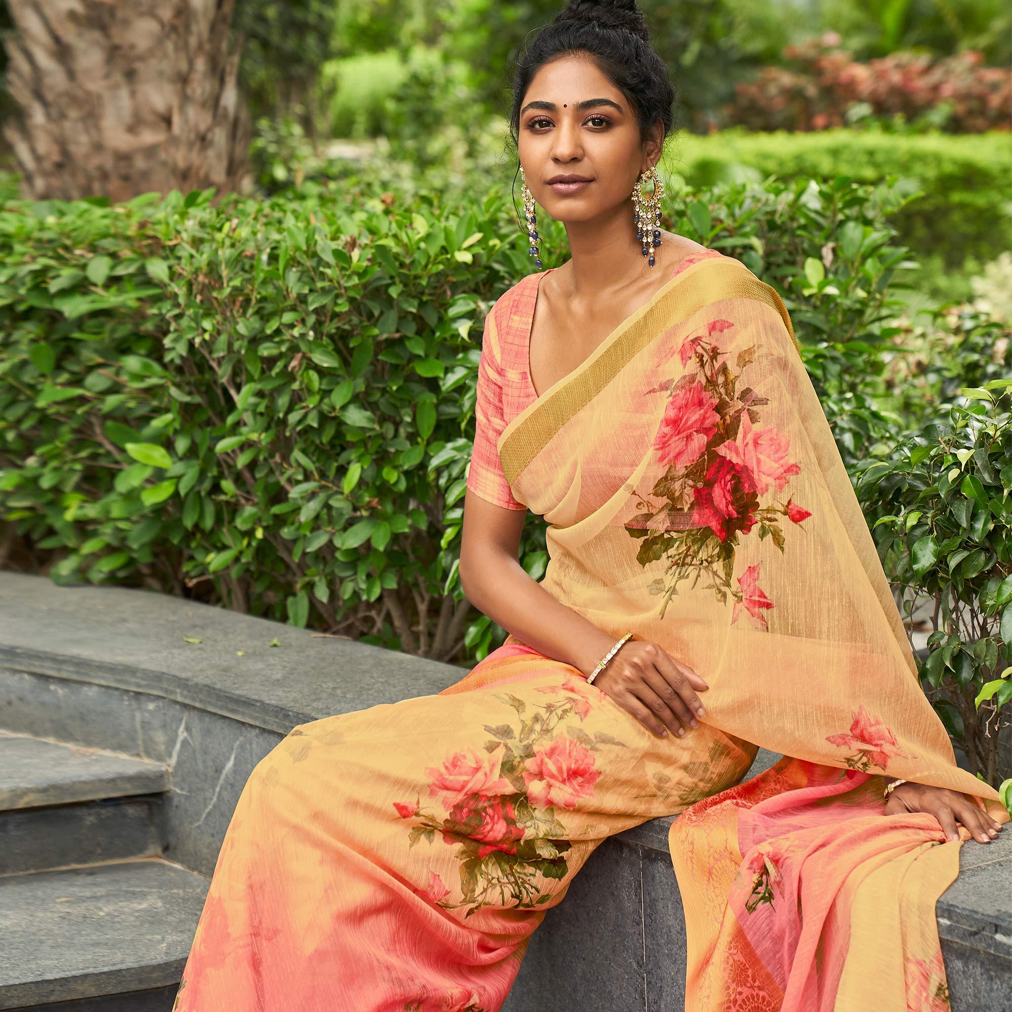 Yellow & Pink Casual Wear Digital Printed Soft Organza Saree - Peachmode