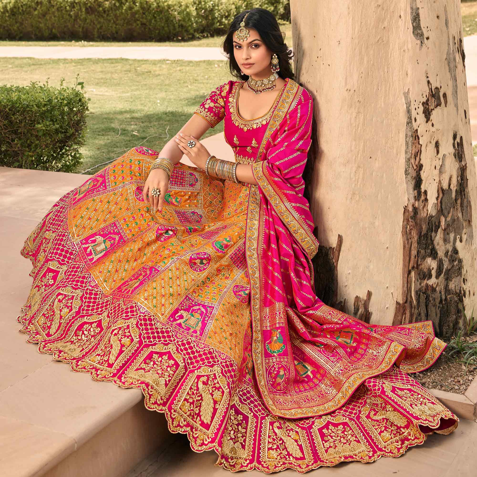 Yellow & Pink Wedding Wear Floral Embroidered With Woven Banarasi Silk Lehenga Choli - Peachmode