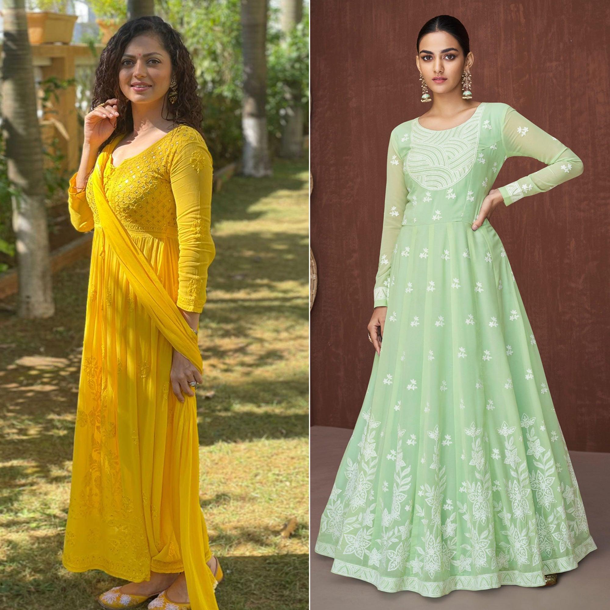 Yellow And Pista Green Gown Pack of 2 - Peachmode