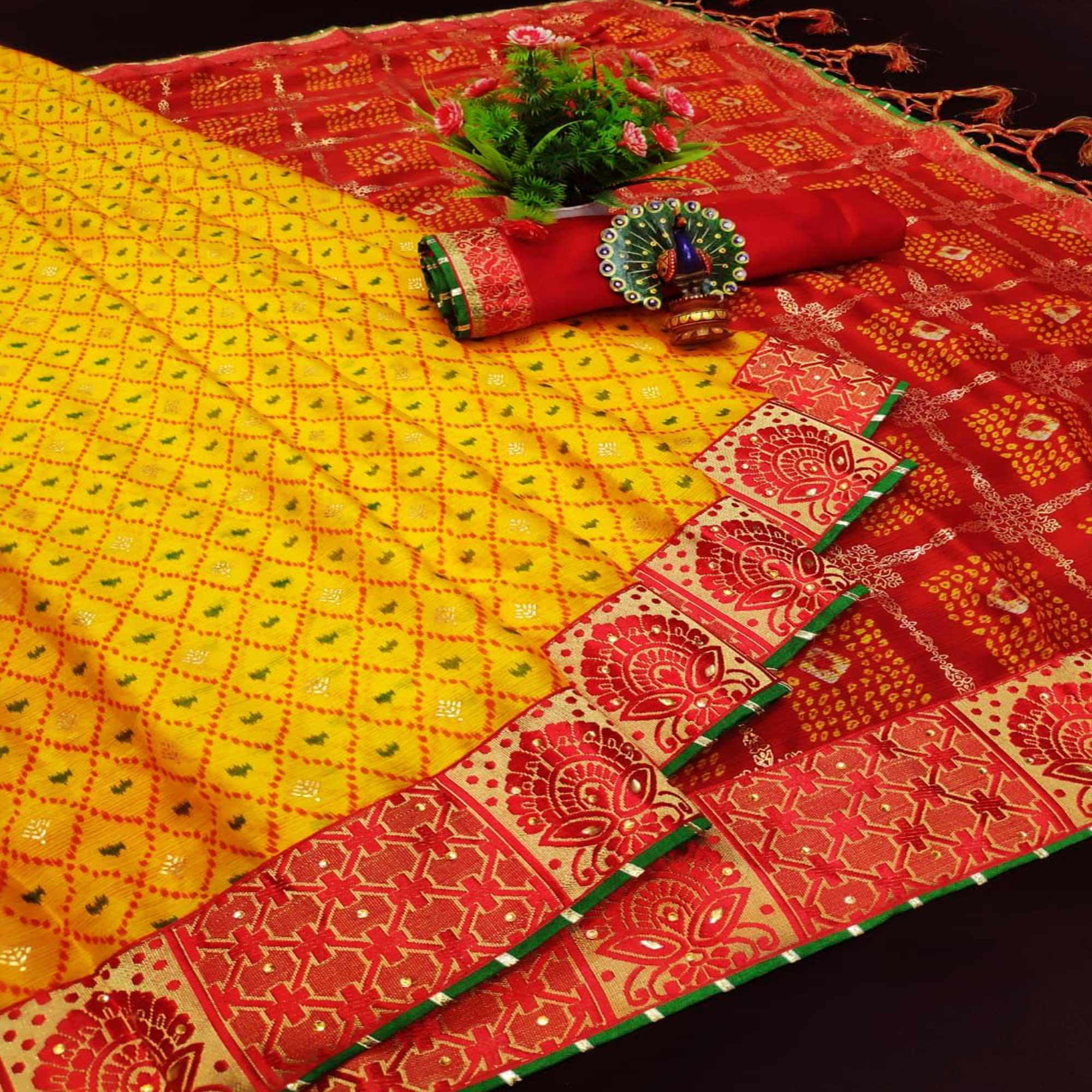Yellow & Red Festive Wear Bandhani Printed Chiffon Saree With Diamond Border - Peachmode