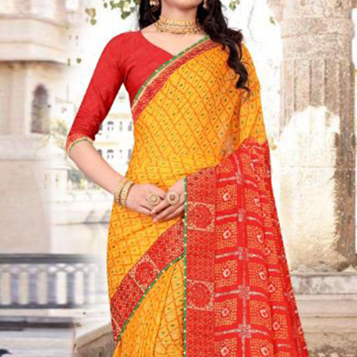 Yellow & Red Festive Wear Bandhani Printed Chiffon Saree With Diamond Border - Peachmode