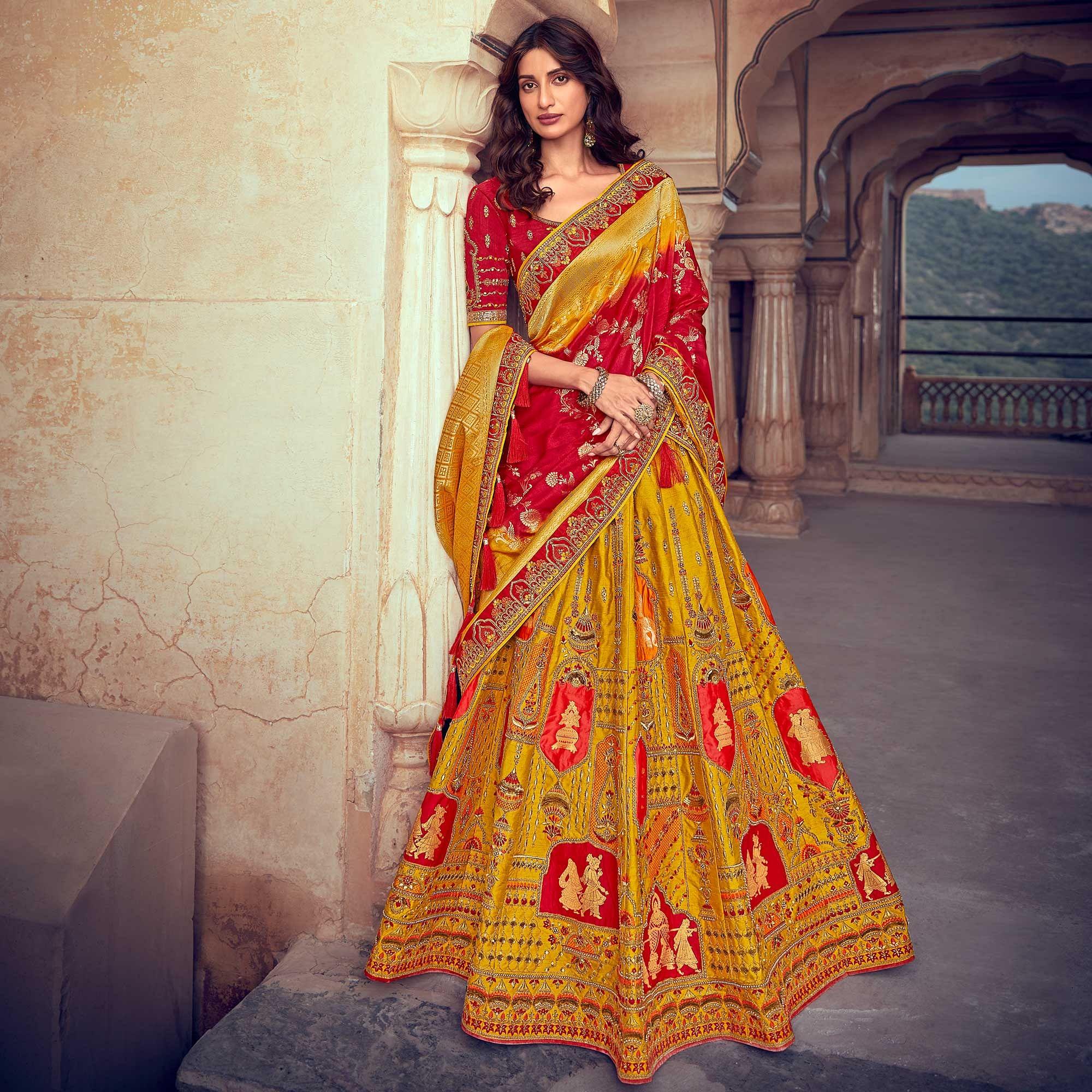 Yellow & Red Wedding Wear Woven & Embroidered Silk Lehenga Choli - Peachmode