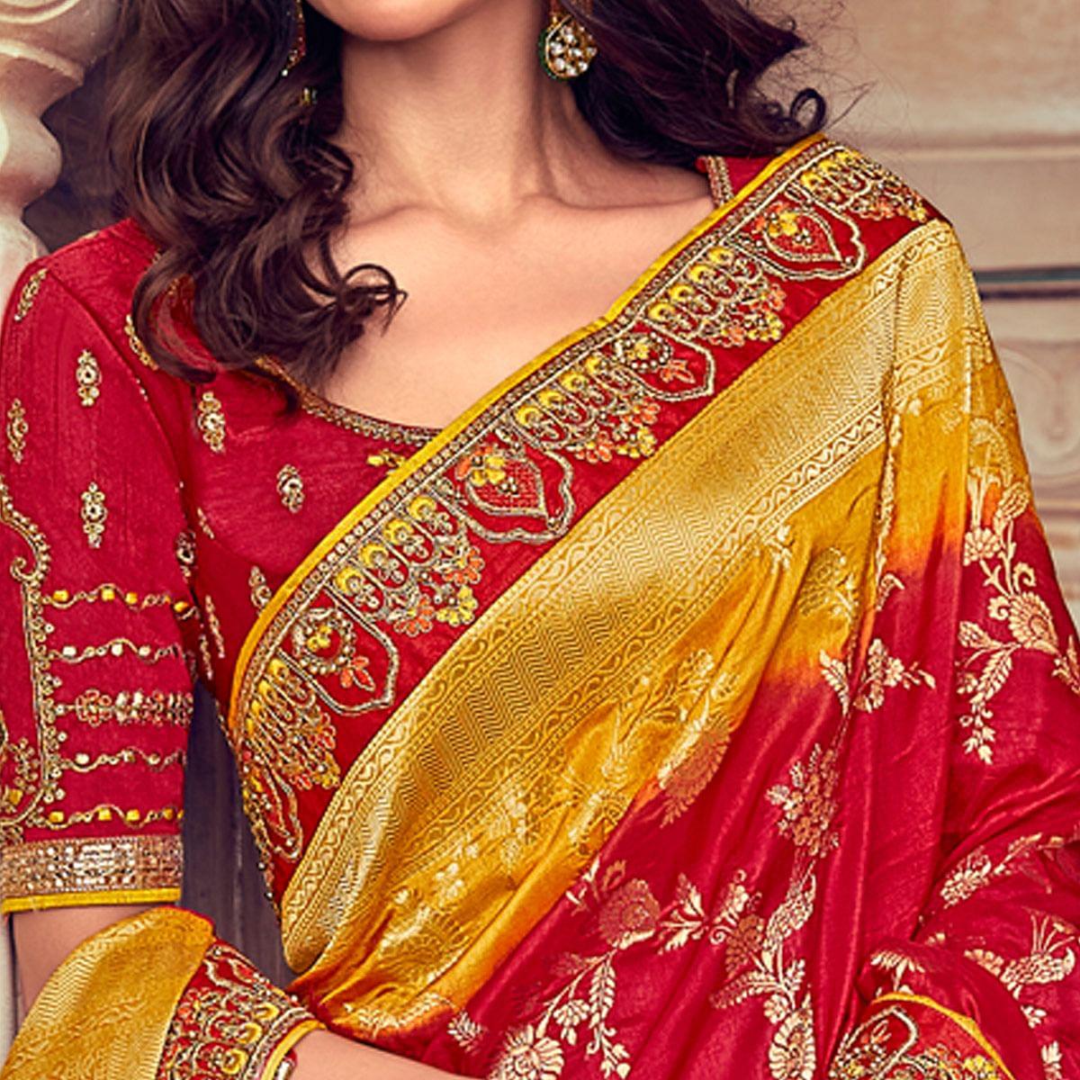 Yellow & Red Wedding Wear Woven & Embroidered Silk Lehenga Choli - Peachmode