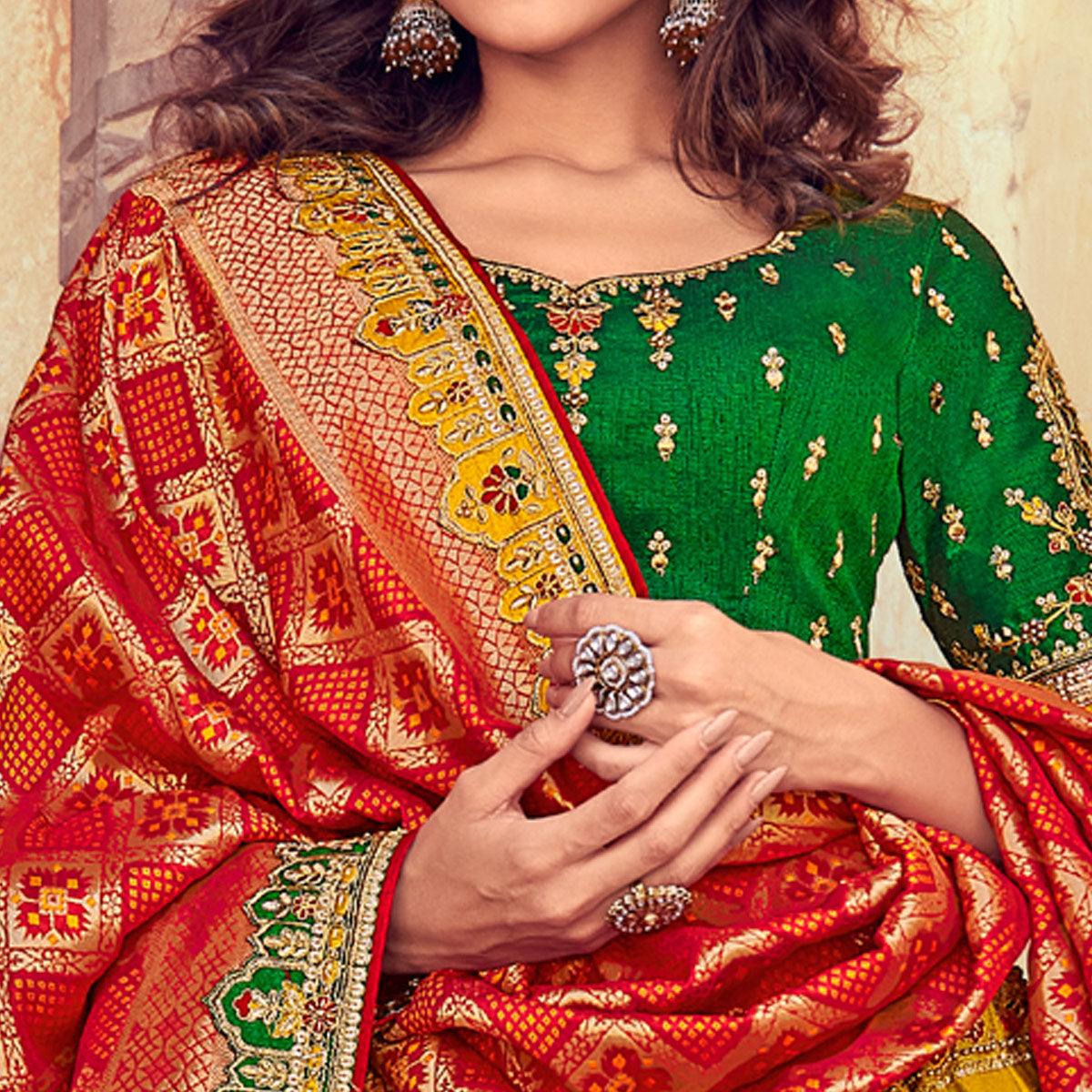 Yellow & Red Wedding Wear Woven & Embroidered Silk Lehenga Choli - Peachmode