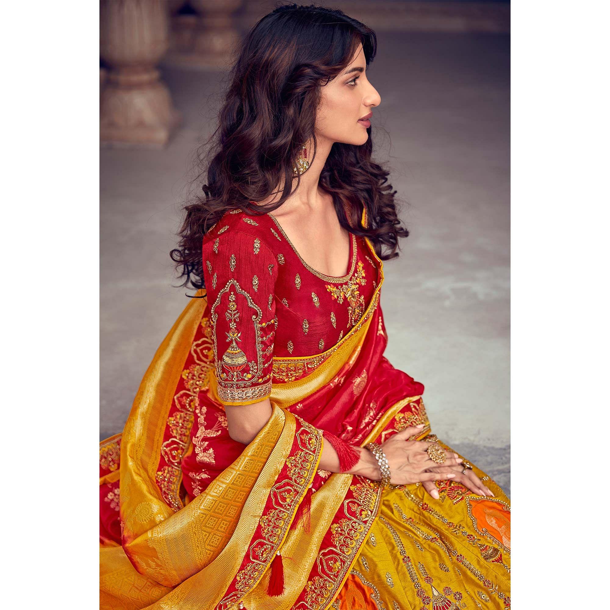 Yellow & Red Wedding Wear Woven & Embroidered Silk Lehenga Choli - Peachmode