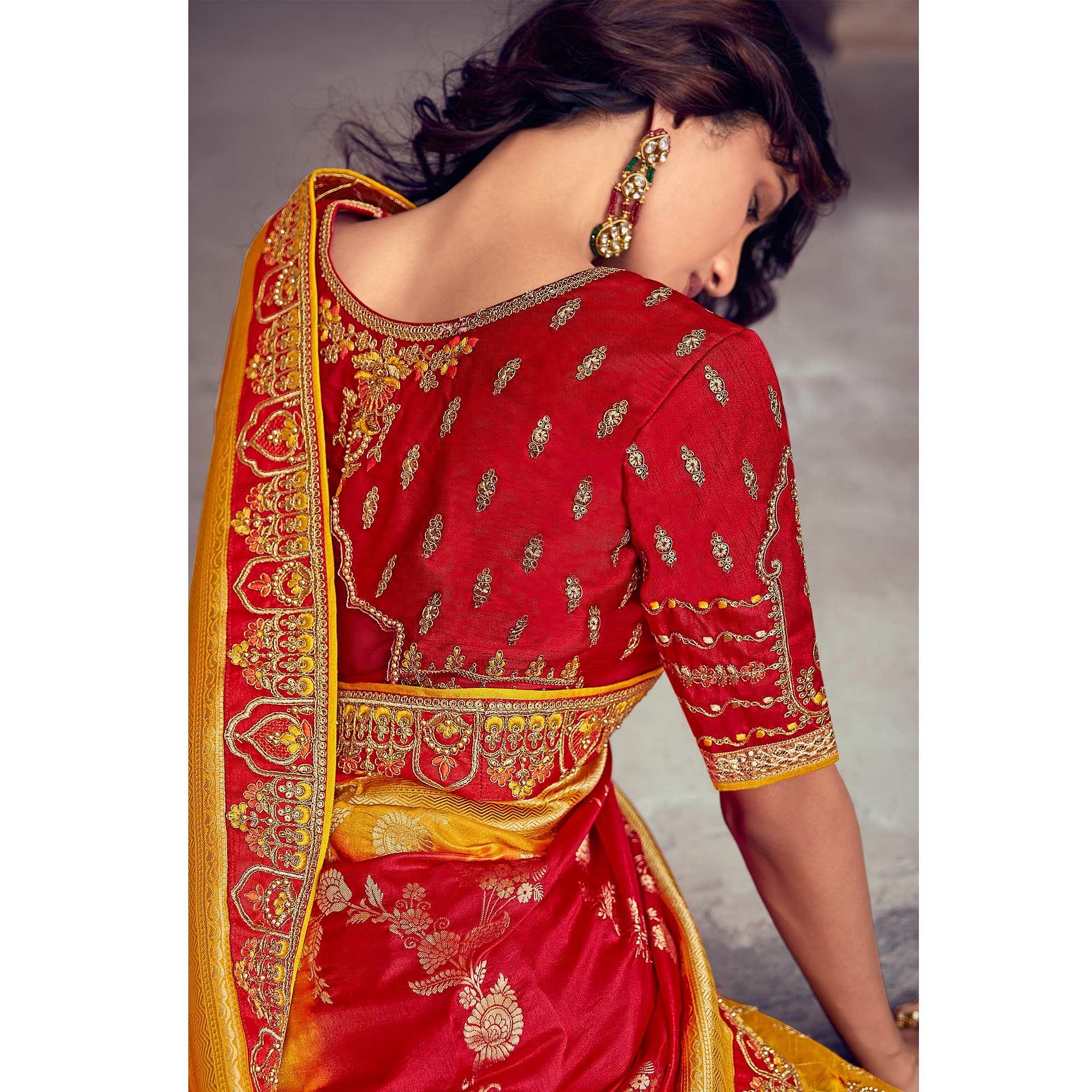 Yellow & Red Wedding Wear Woven & Embroidered Silk Lehenga Choli - Peachmode