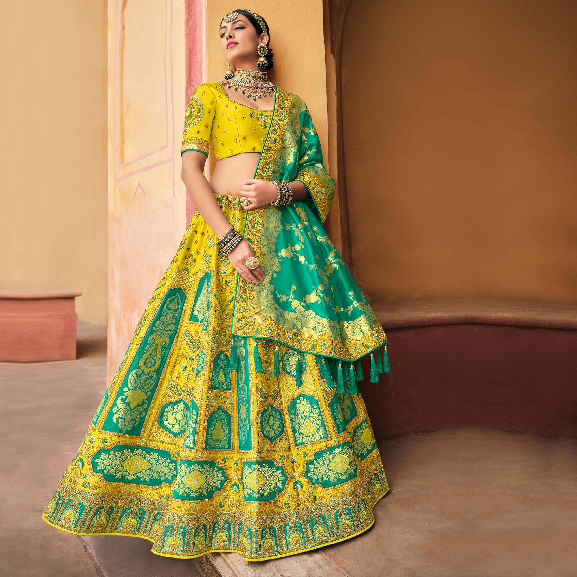 Yellow & Sea Green Wedding Wear Woven-Embellished Banarasi Silk Lehenga Choli - Peachmode