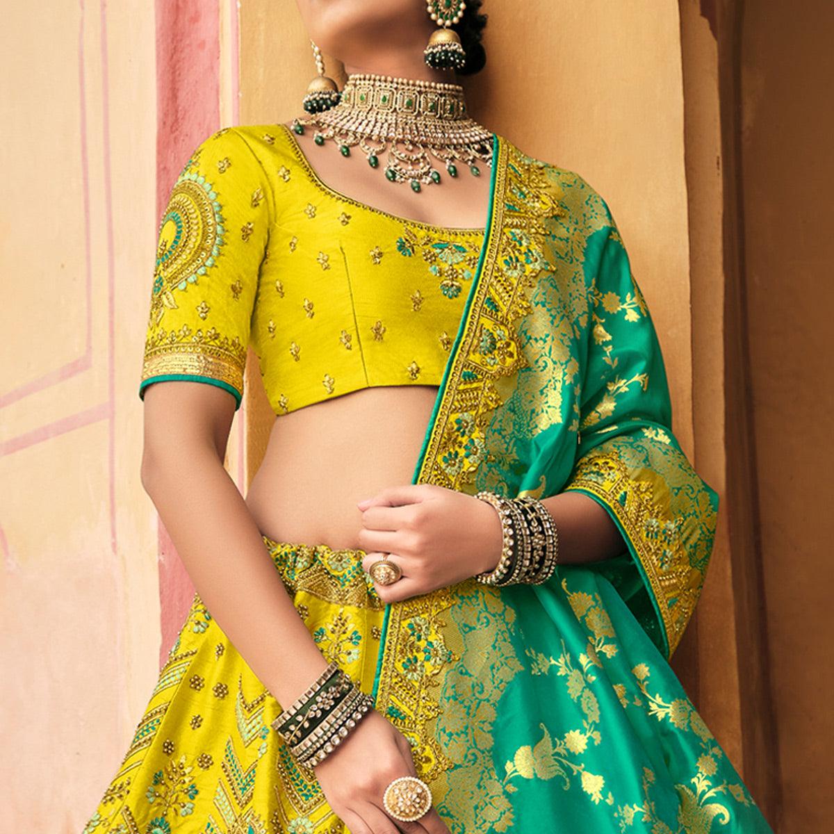 Yellow & Sea Green Wedding Wear Woven-Embellished Banarasi Silk Lehenga Choli - Peachmode