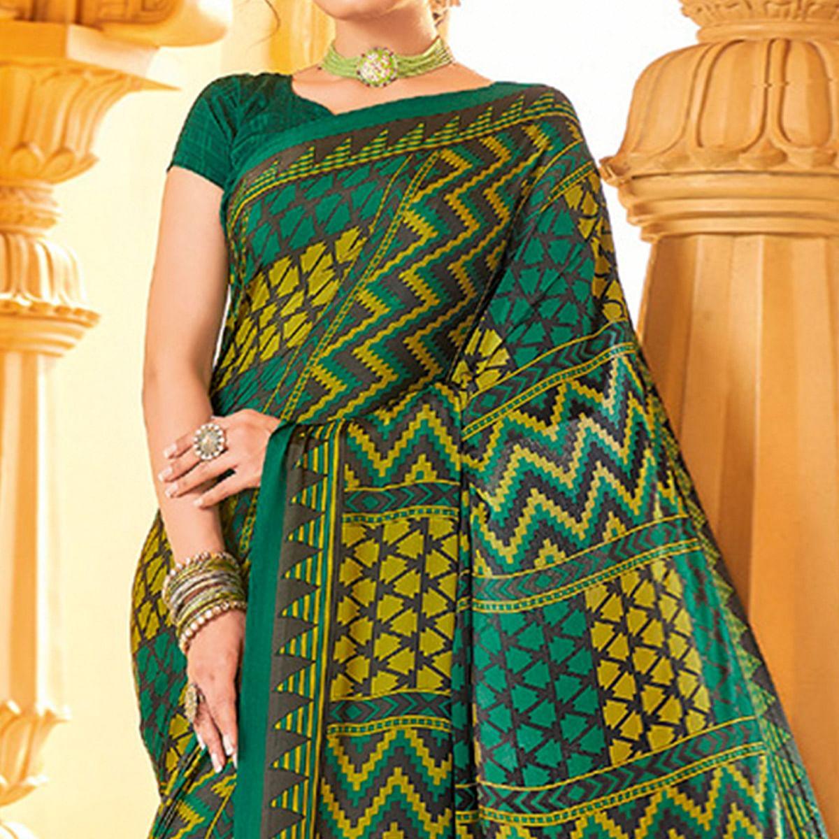 Yellow & Turuoise Printed Crepe Saree - Peachmode