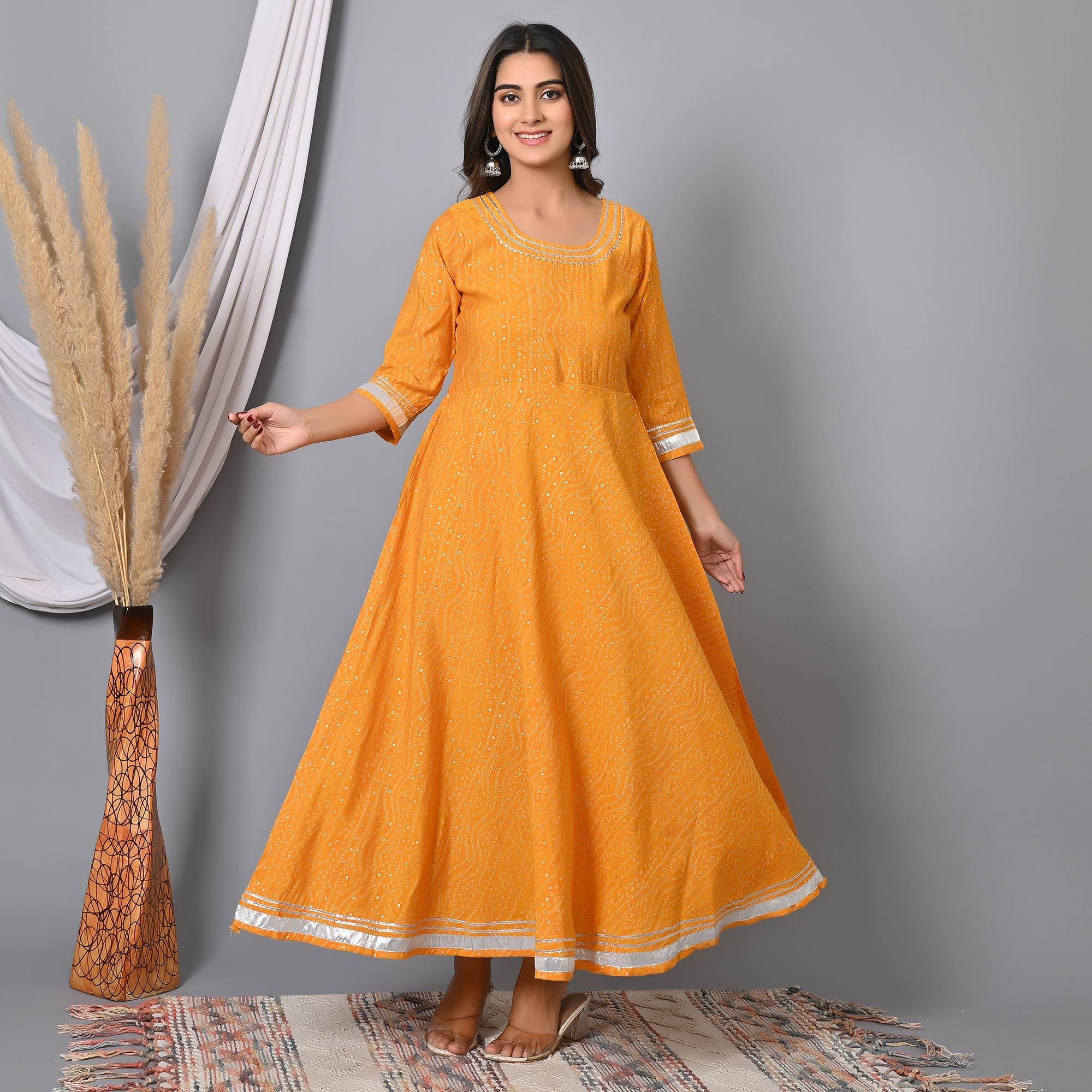 Yellow Bandhani Printed Chanderi Long Kurti - Peachmode