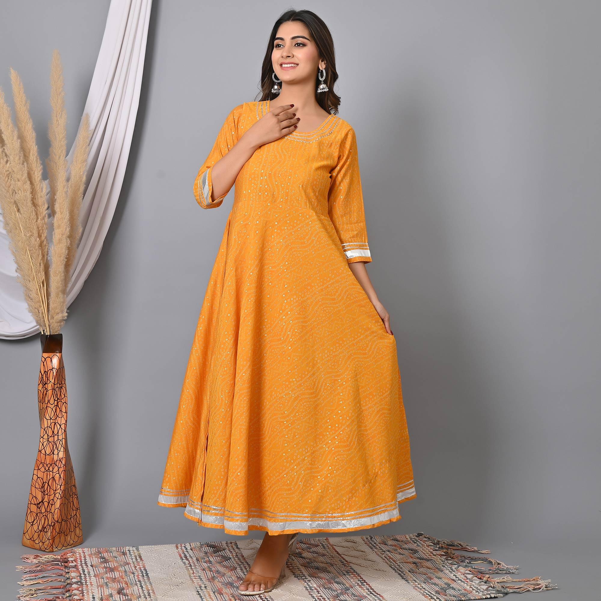Yellow Bandhani Printed Chanderi Long Kurti - Peachmode