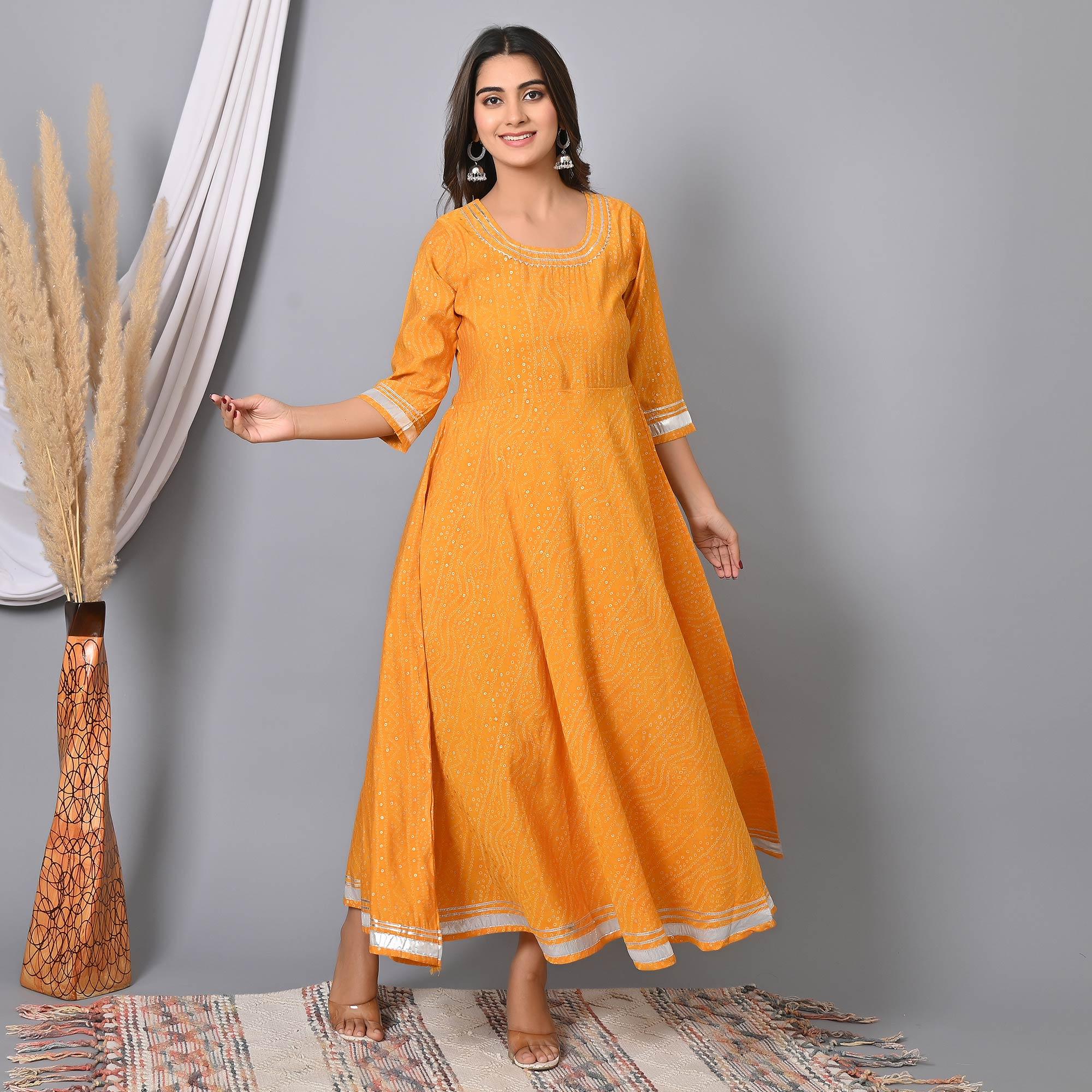 Yellow Bandhani Printed Chanderi Long Kurti - Peachmode