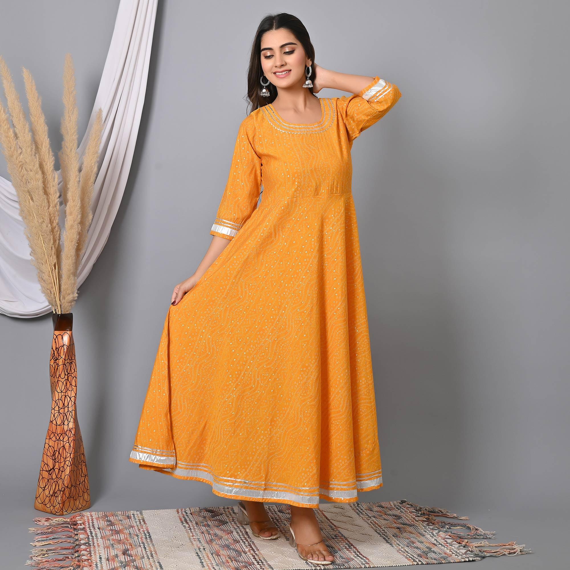 Yellow Bandhani Printed Chanderi Long Kurti - Peachmode