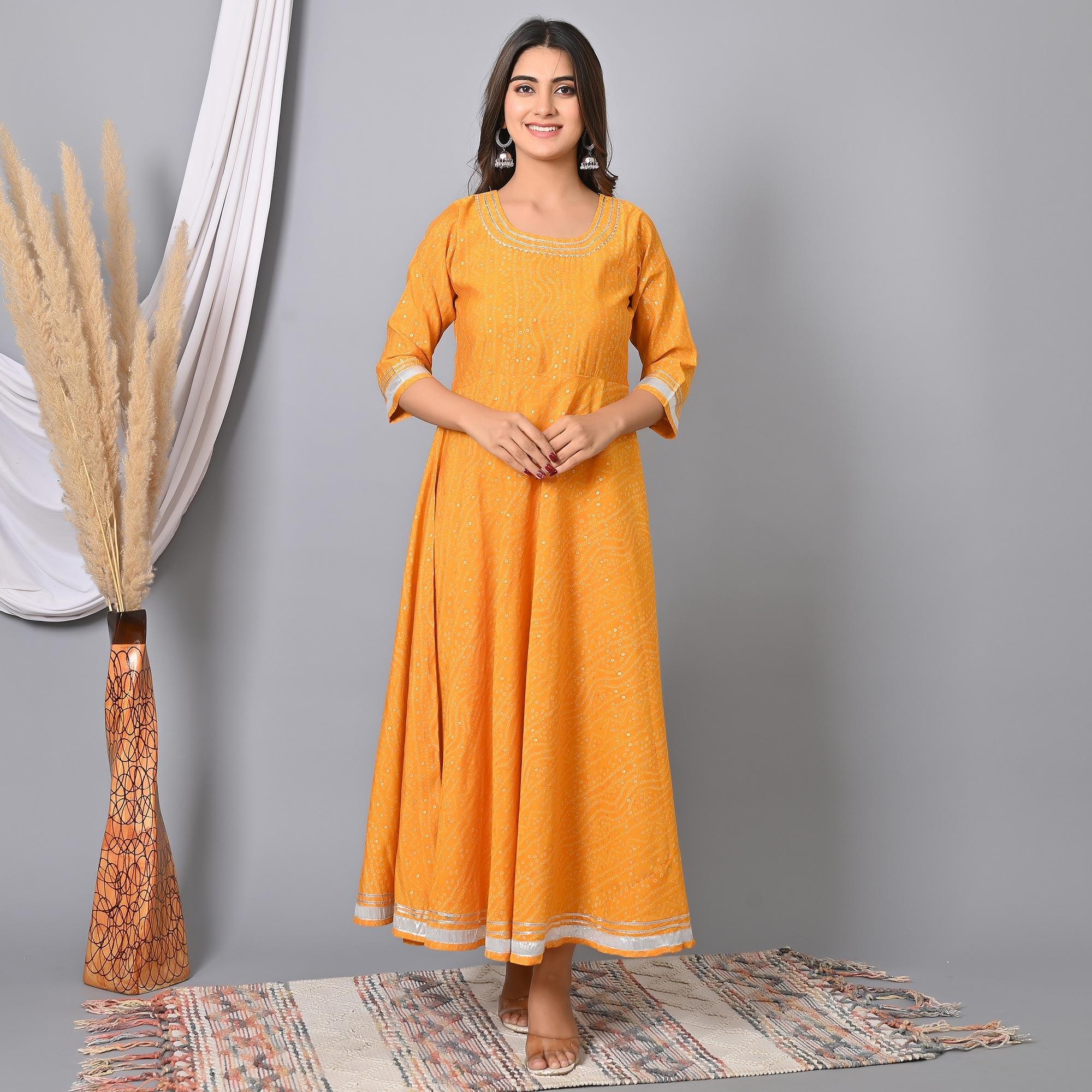 Yellow Bandhani Printed Chanderi Long Kurti - Peachmode