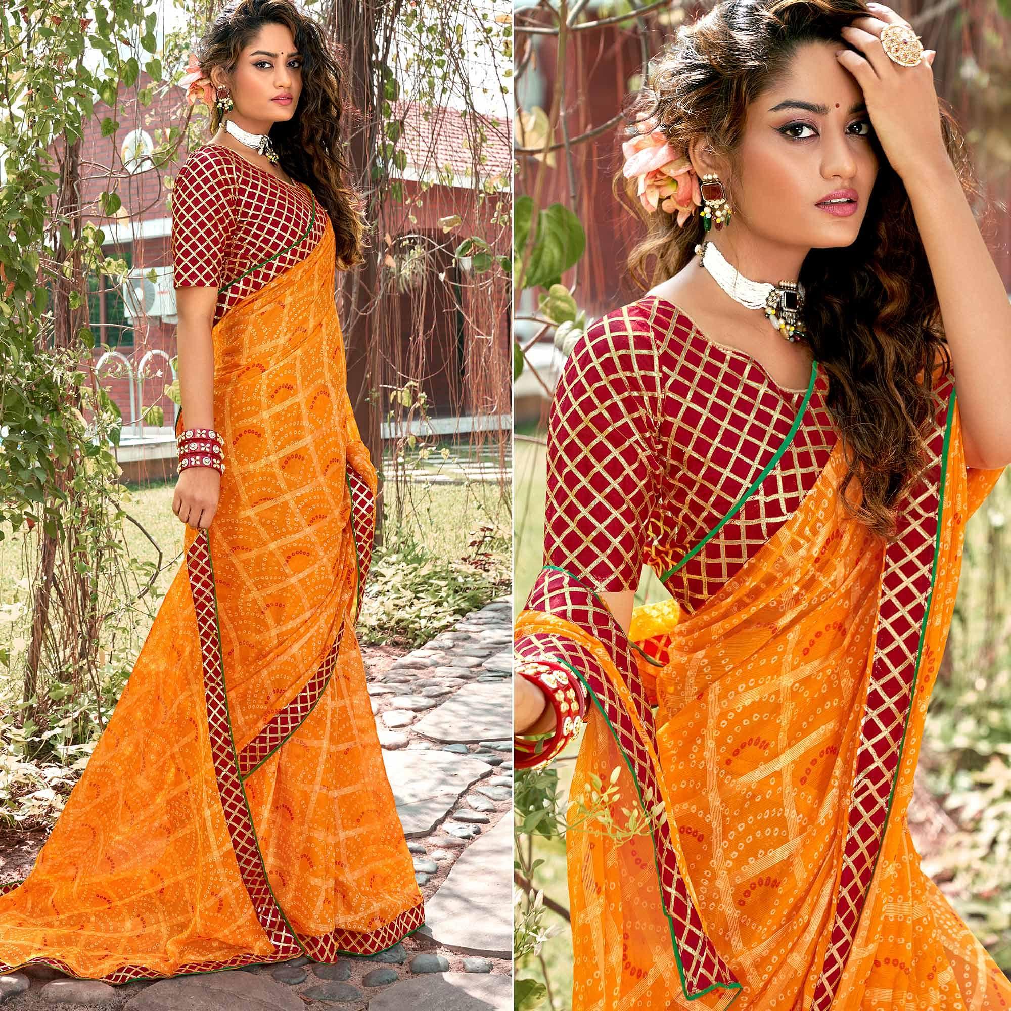 Yellow Bandhani Printed-Checks Weaving Chiffon Saree - Peachmode