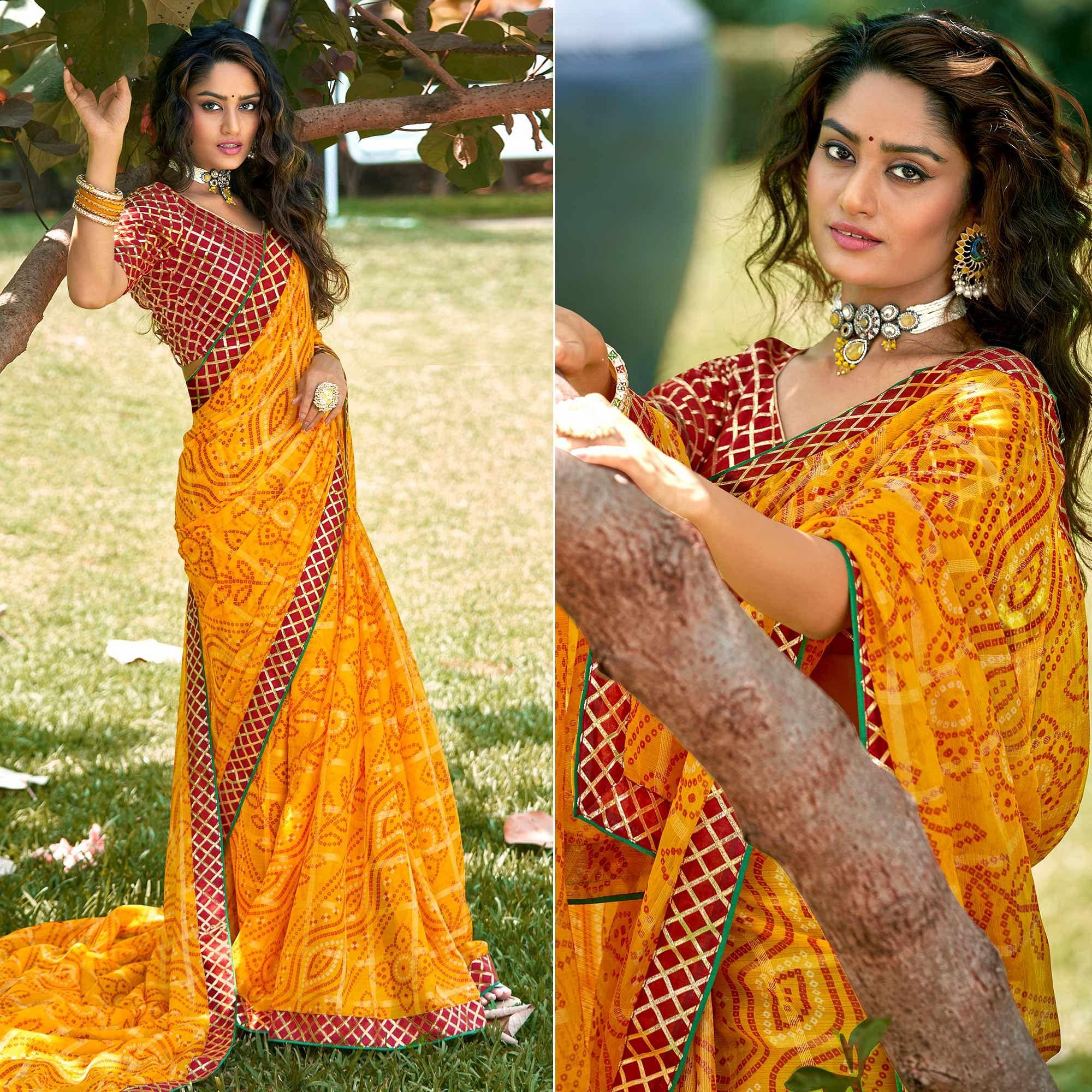 Yellow Bandhani Printed-Checks Weaving Chiffon Saree - Peachmode