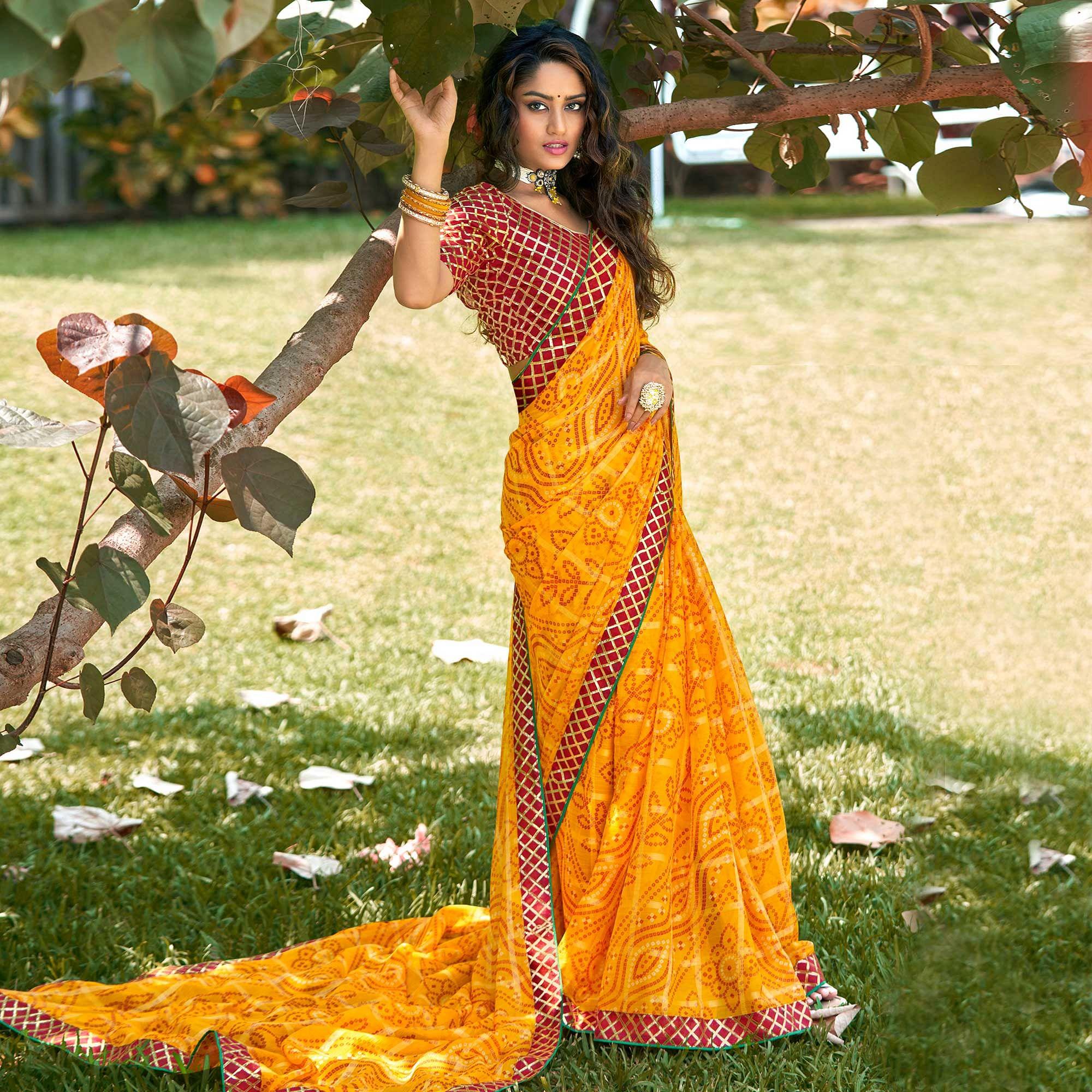 Yellow Bandhani Printed-Checks Weaving Chiffon Saree - Peachmode