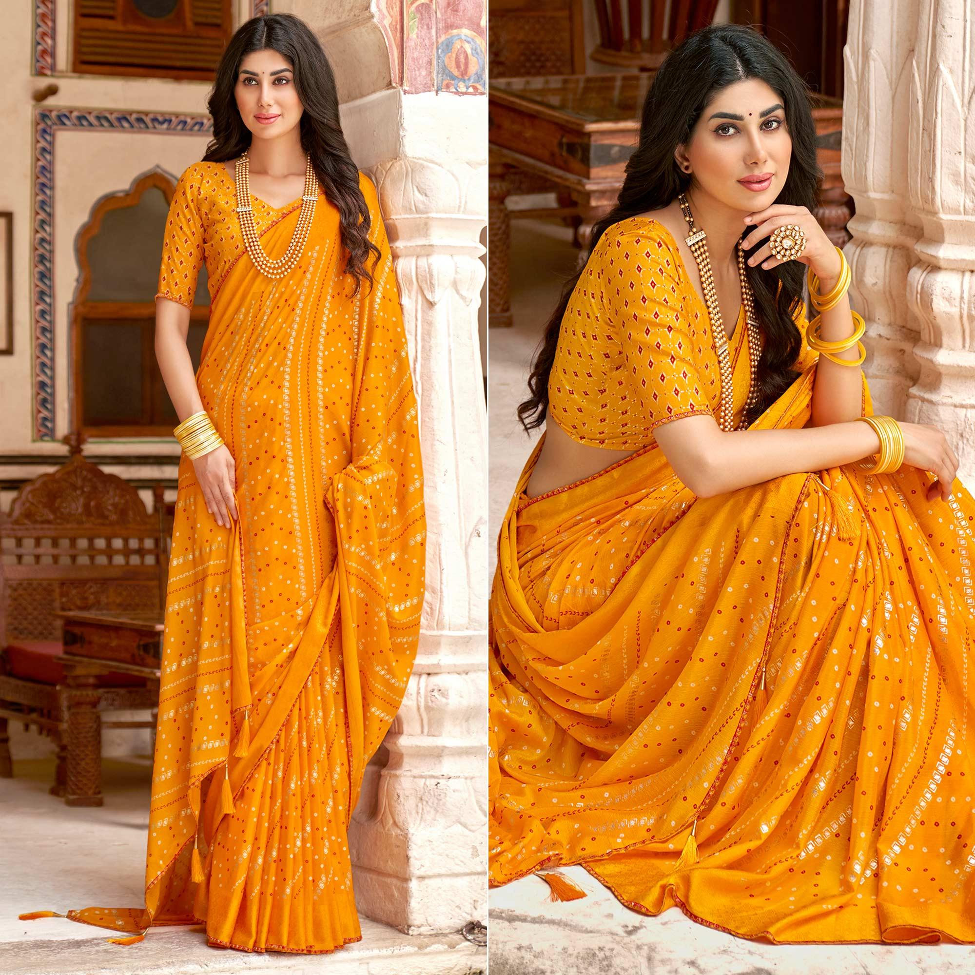 Yellow Bandhani Printed Chiffon Saree With Tassels - Peachmode