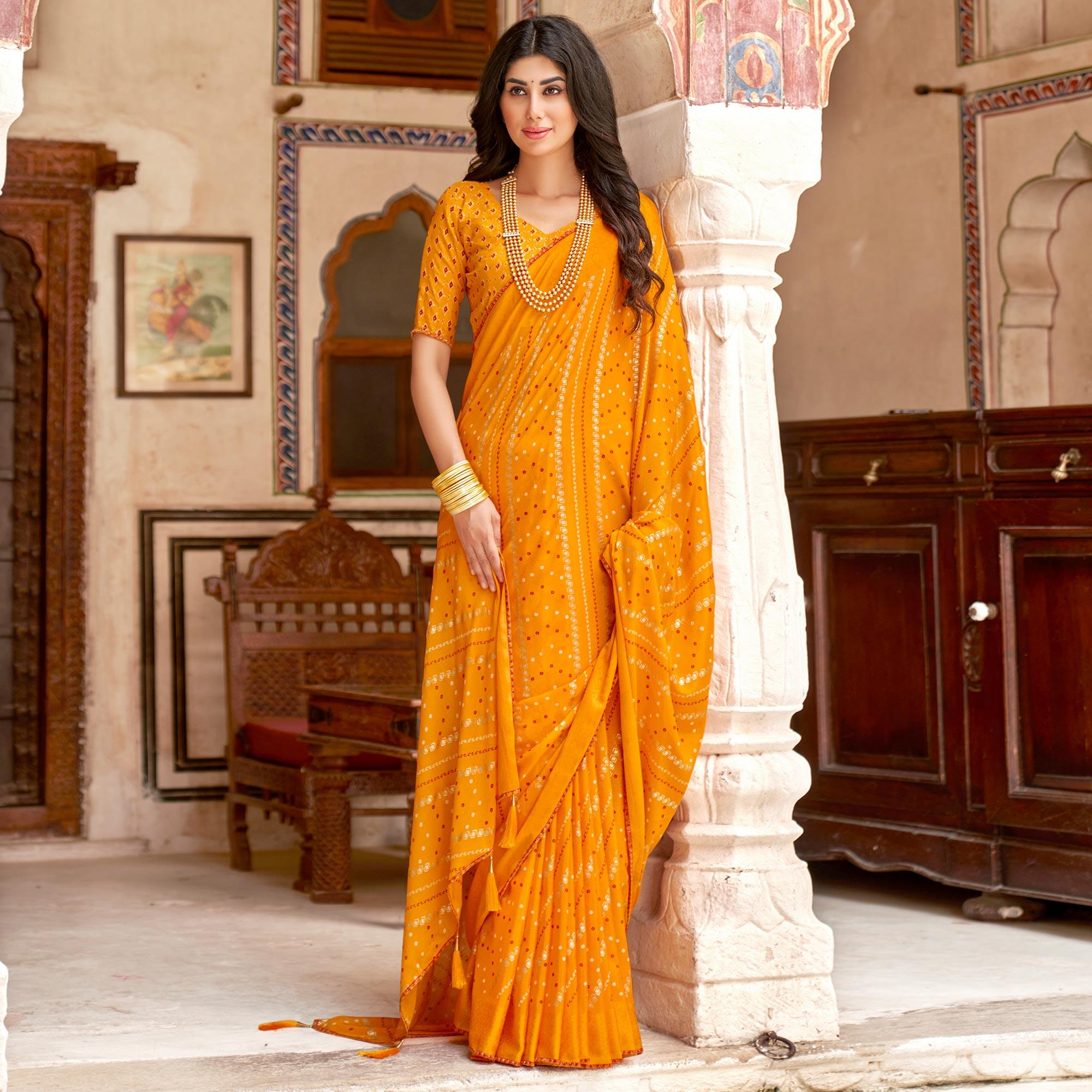 Yellow Bandhani Printed Chiffon Saree With Tassels - Peachmode