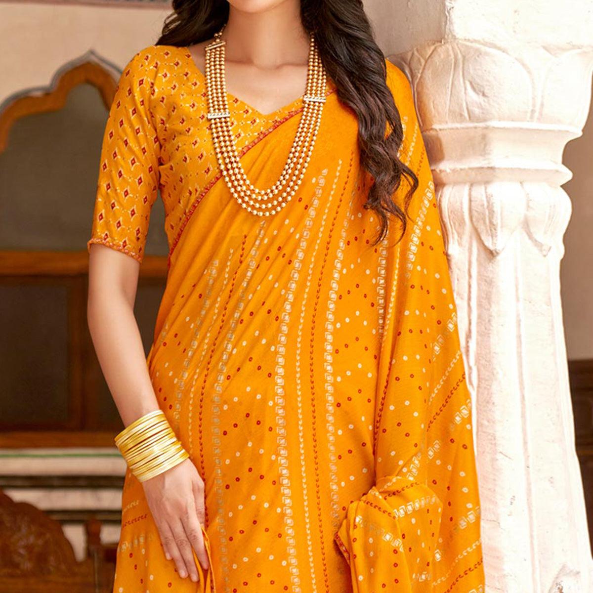 Yellow Bandhani Printed Chiffon Saree With Tassels - Peachmode