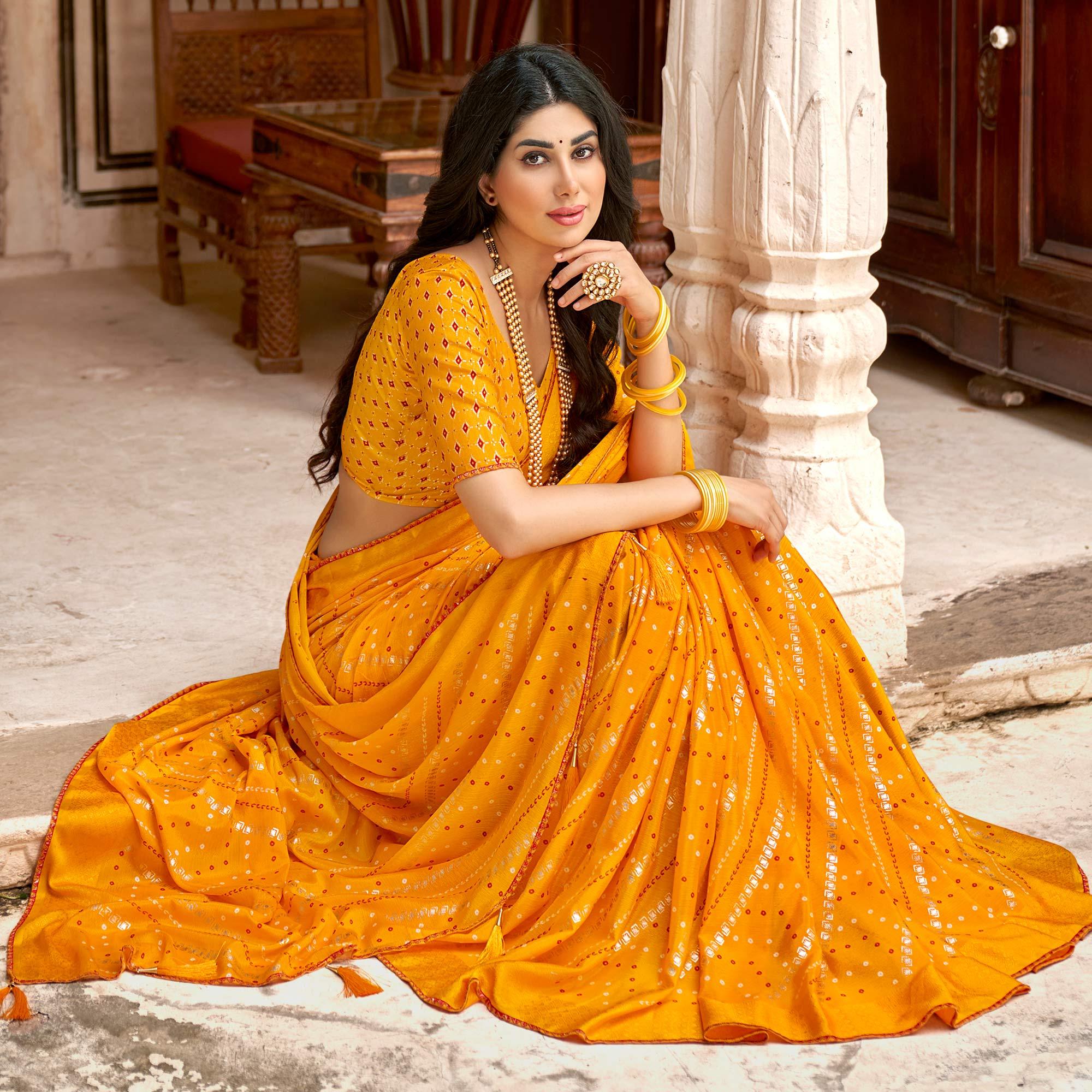 Yellow Bandhani Printed Chiffon Saree With Tassels - Peachmode