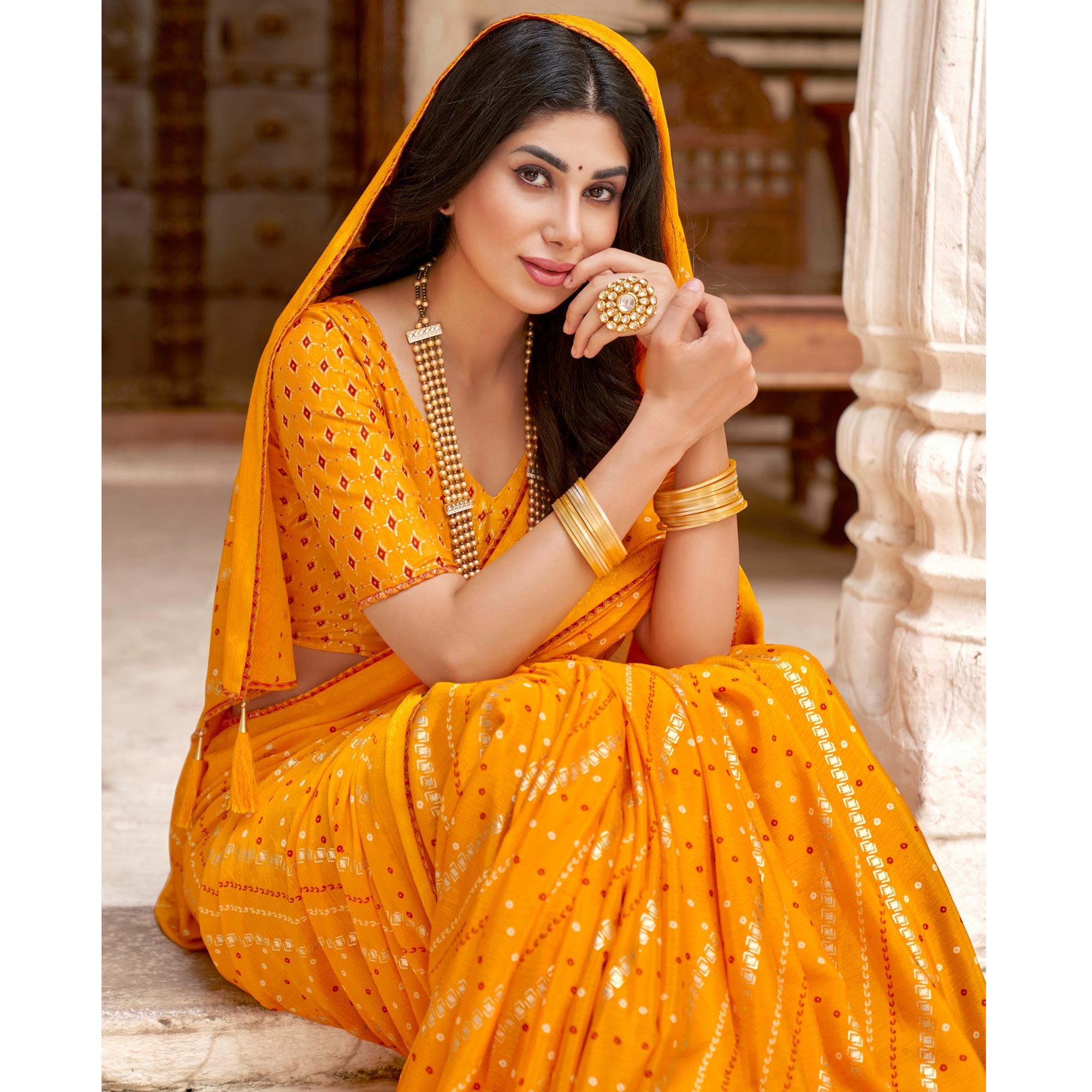 Yellow Bandhani Printed Chiffon Saree With Tassels - Peachmode