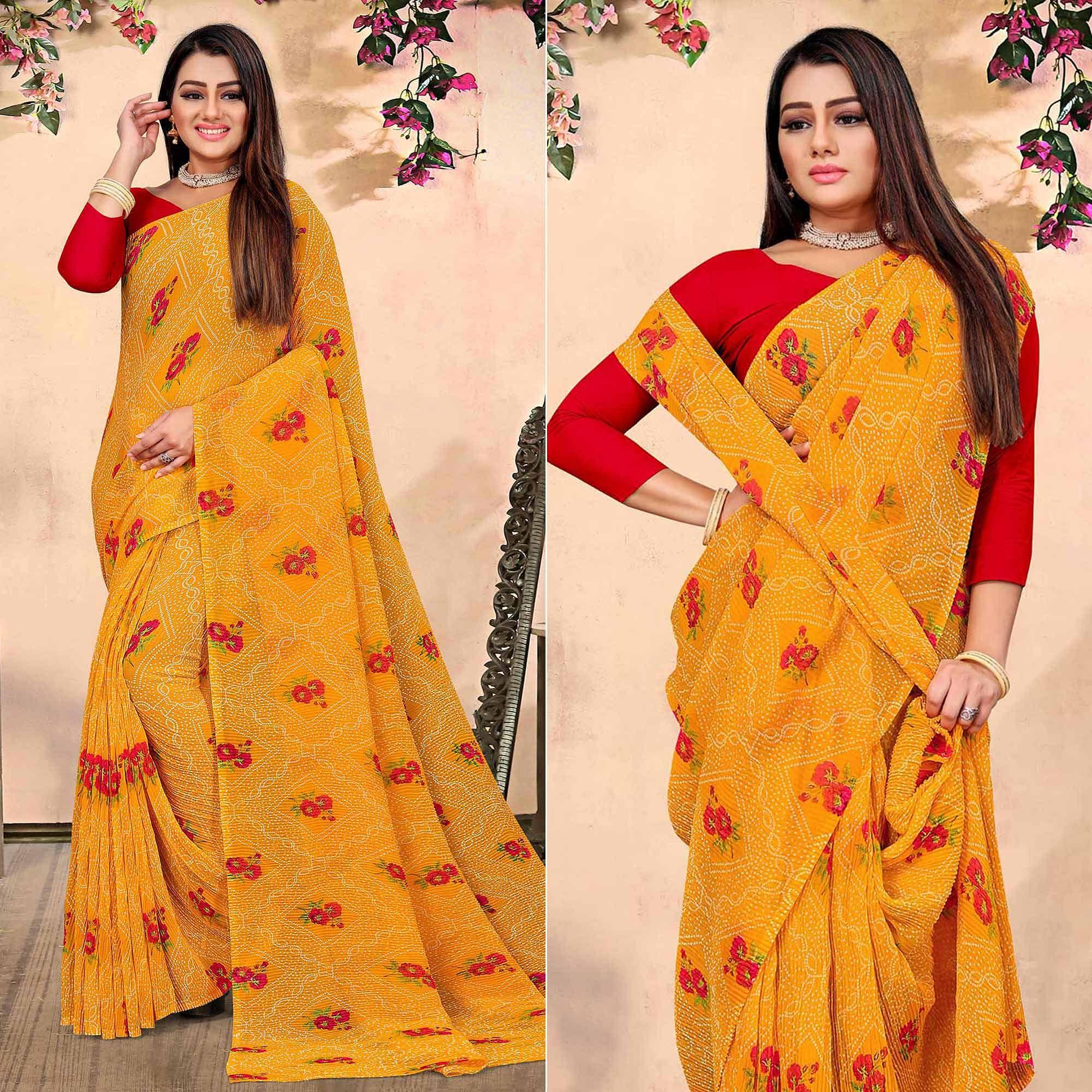 Yellow Bandhani Printed Georgette Saree - Peachmode