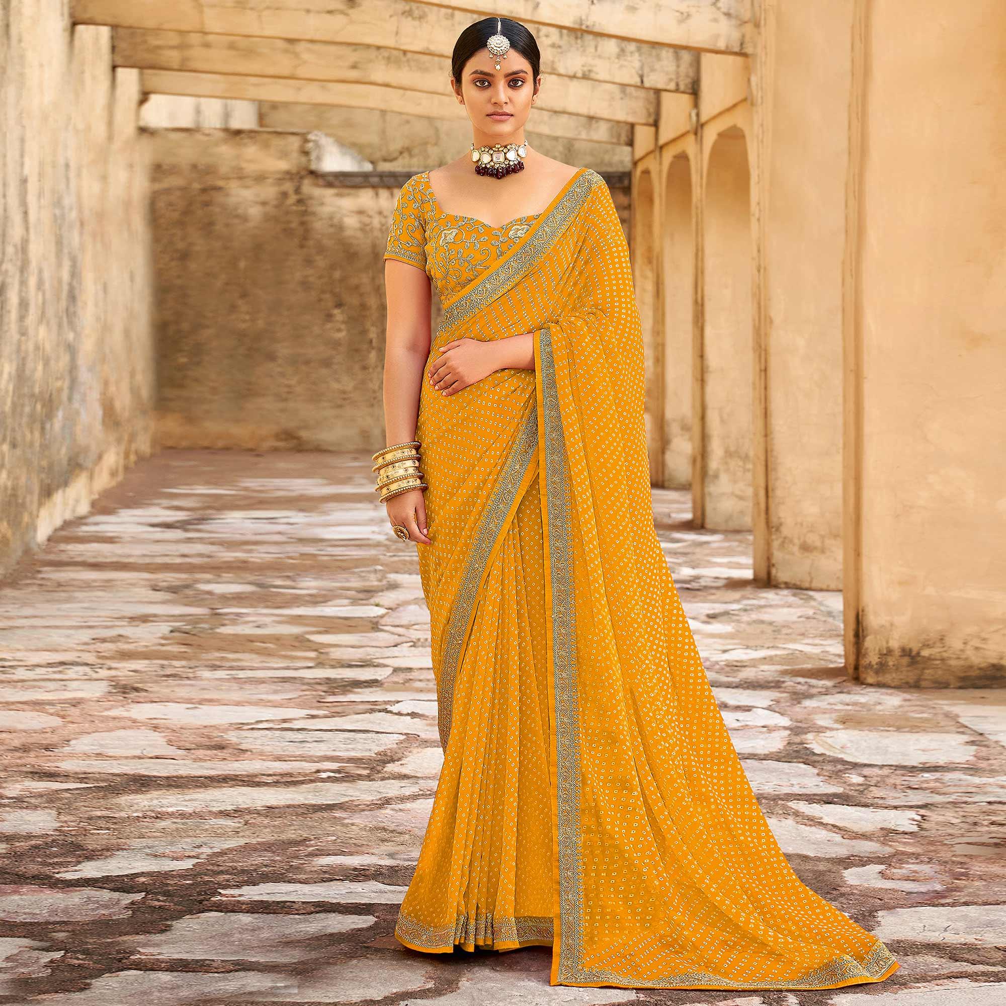 Yellow Bandhani Printed Georgette Saree - Peachmode