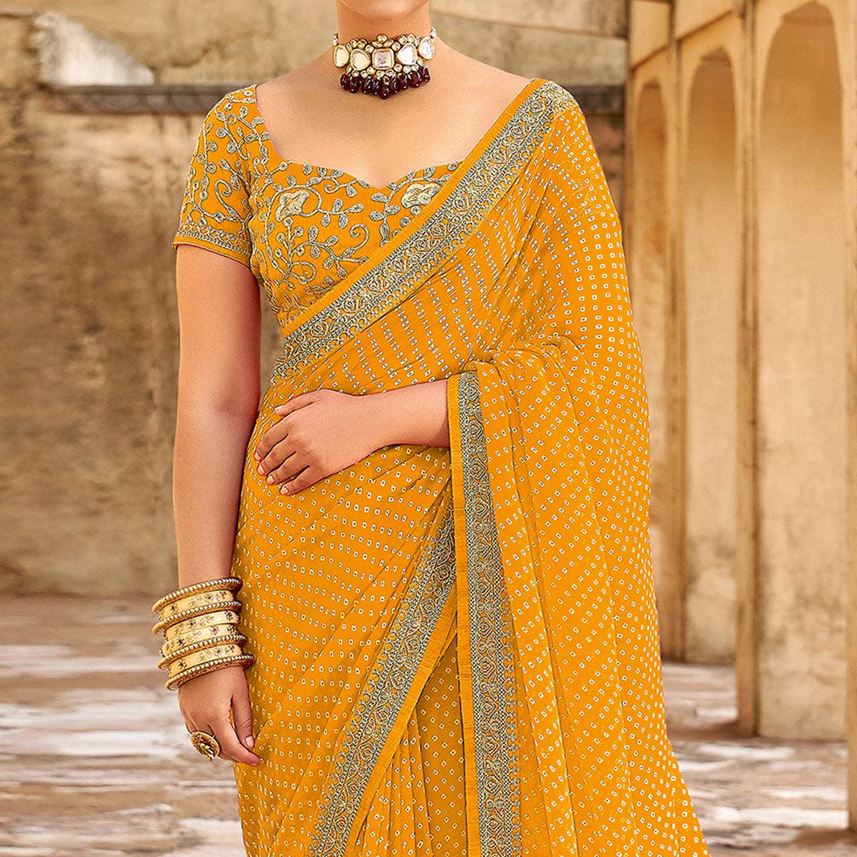 Yellow Bandhani Printed Georgette Saree - Peachmode