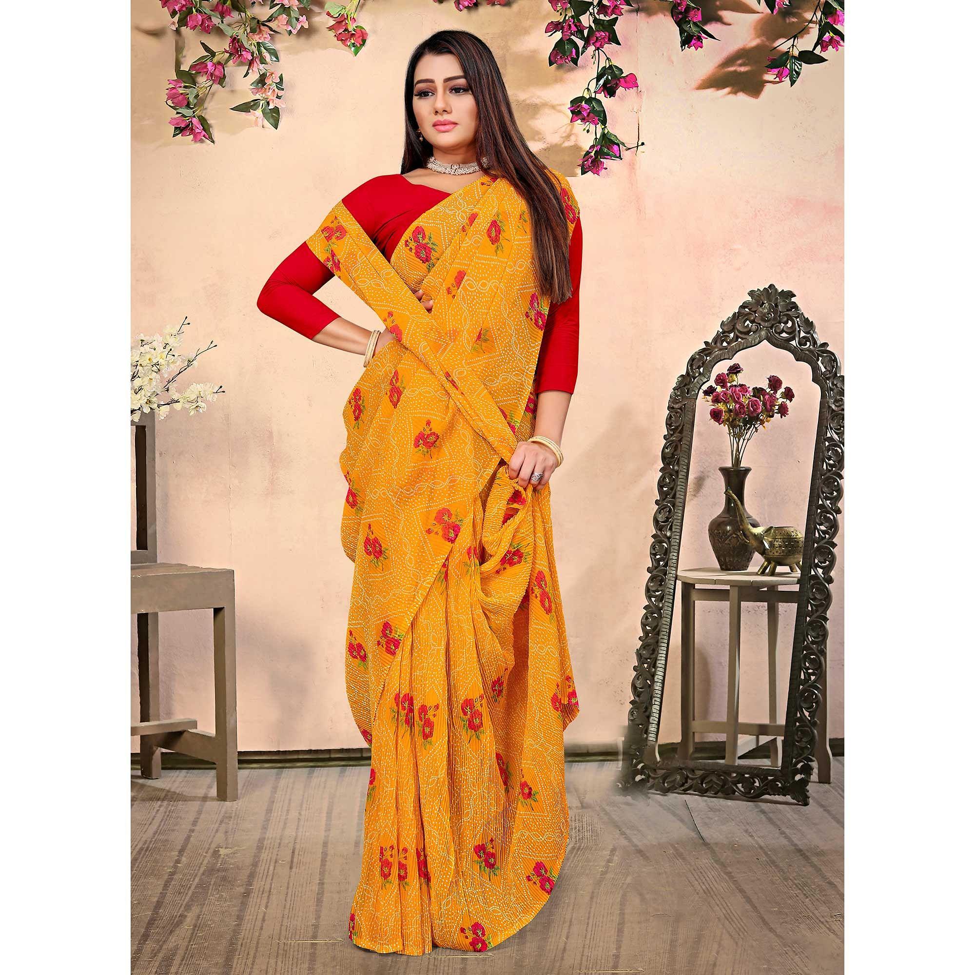 Yellow Bandhani Printed Georgette Saree - Peachmode
